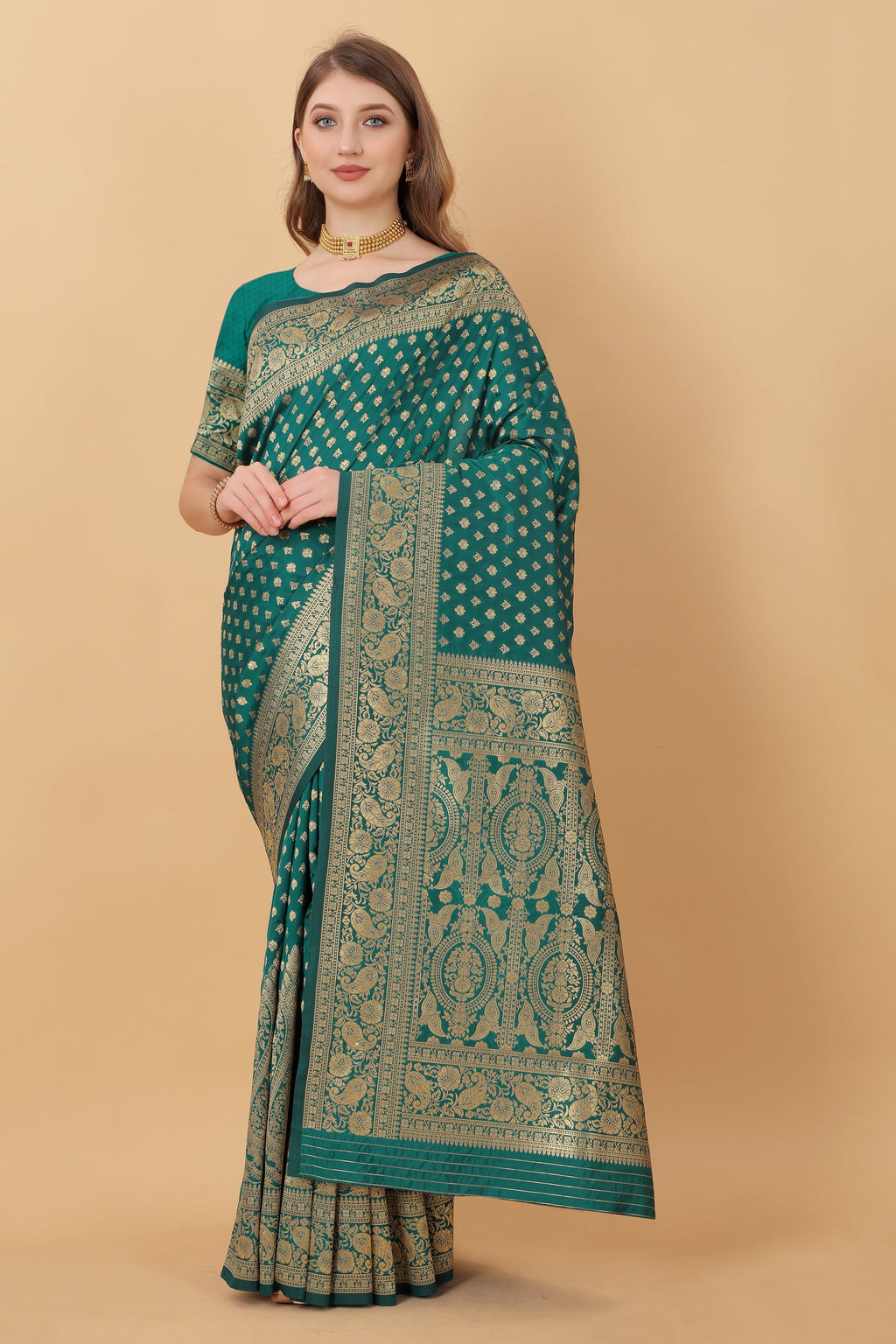 Vedant Vastram Soft Litchi Silk Kanjeevaram Saree - Green | Grocsy
