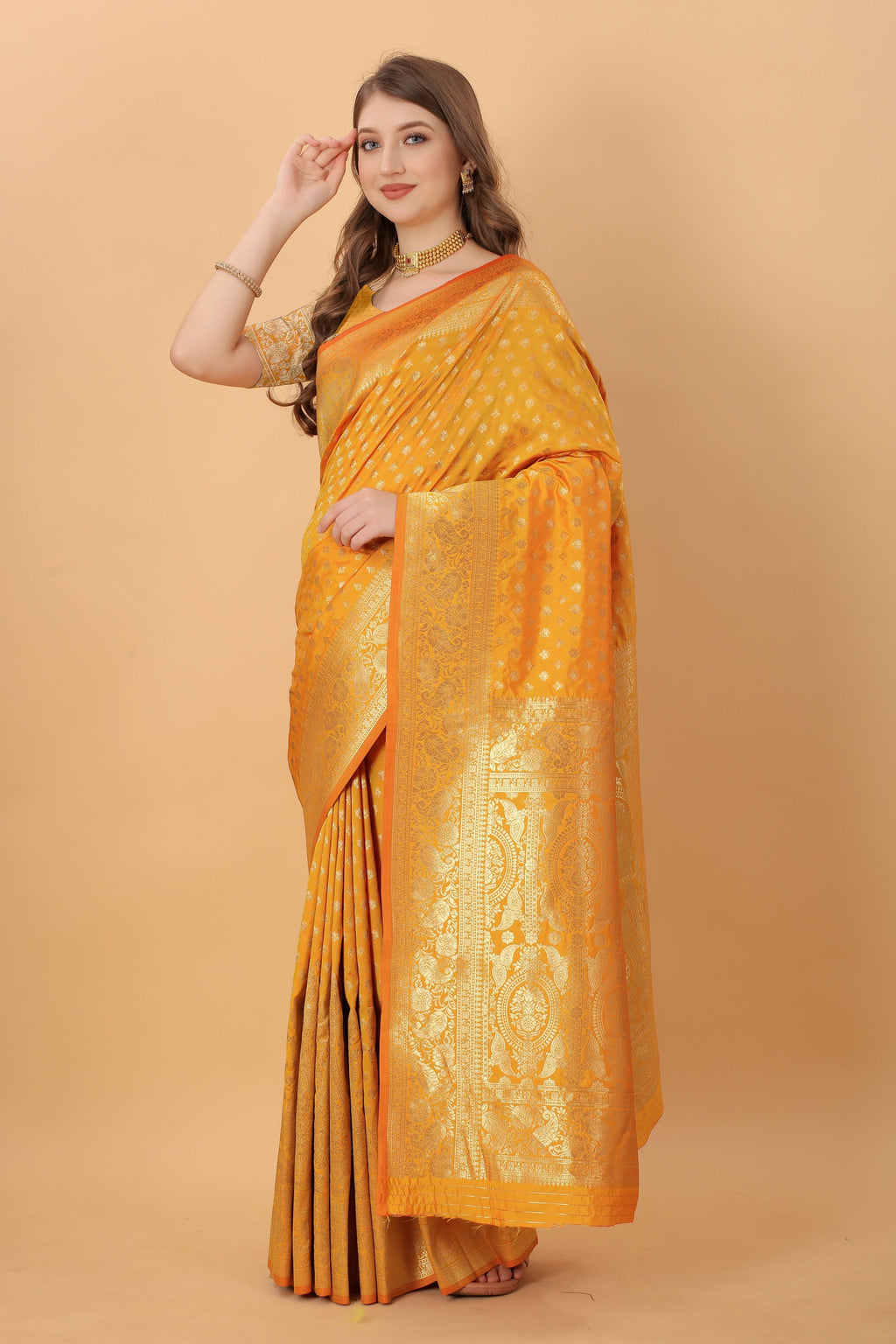 Vedant Vastram Soft Litchi Silk Kanjeevaram Saree - Mustard | Grocsy