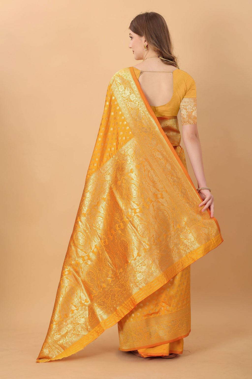 Vedant Vastram Soft Litchi Silk Kanjeevaram Saree - Mustard | Grocsy