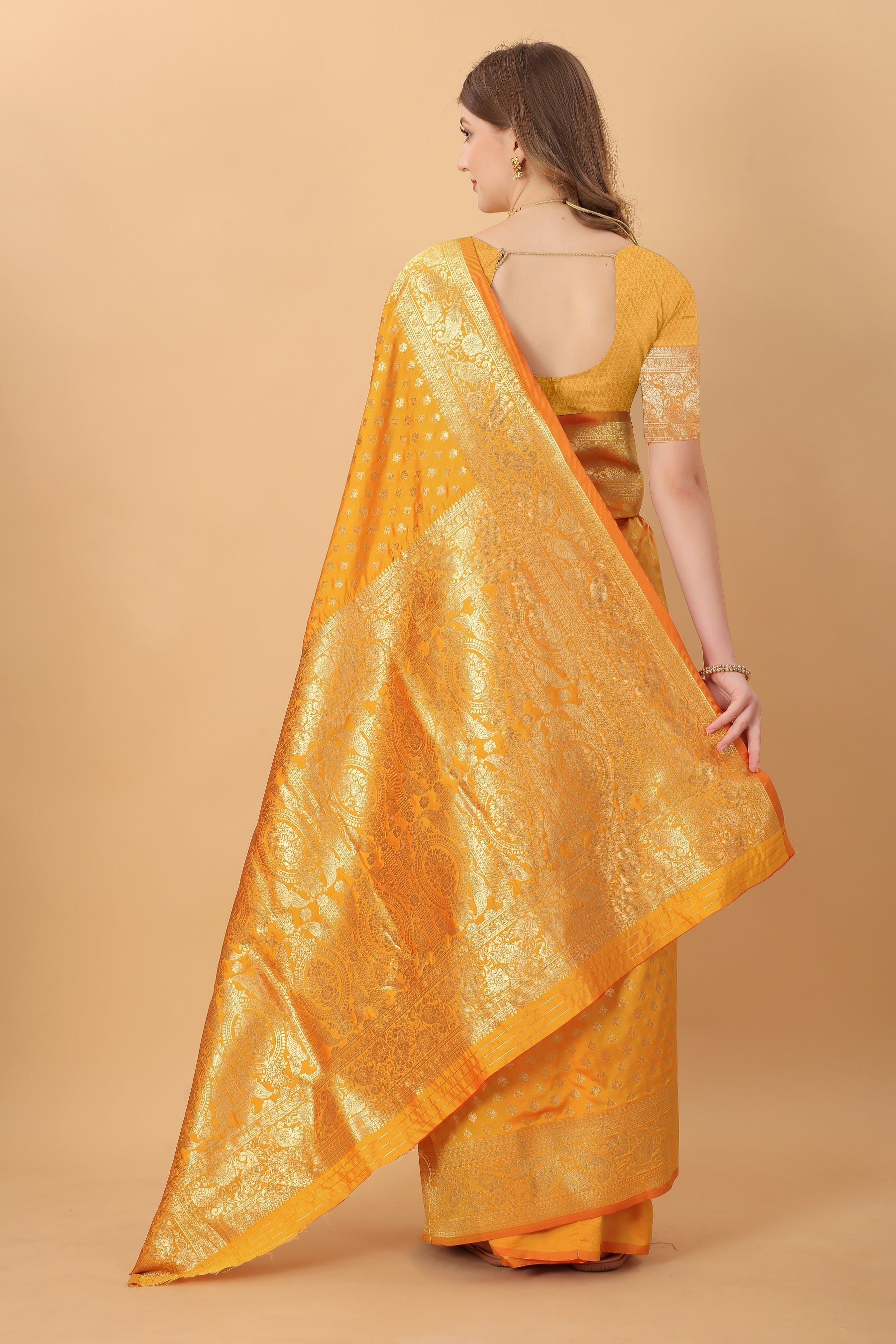 Vedant Vastram Soft Litchi Silk Kanjeevaram Saree - Mustard | Grocsy