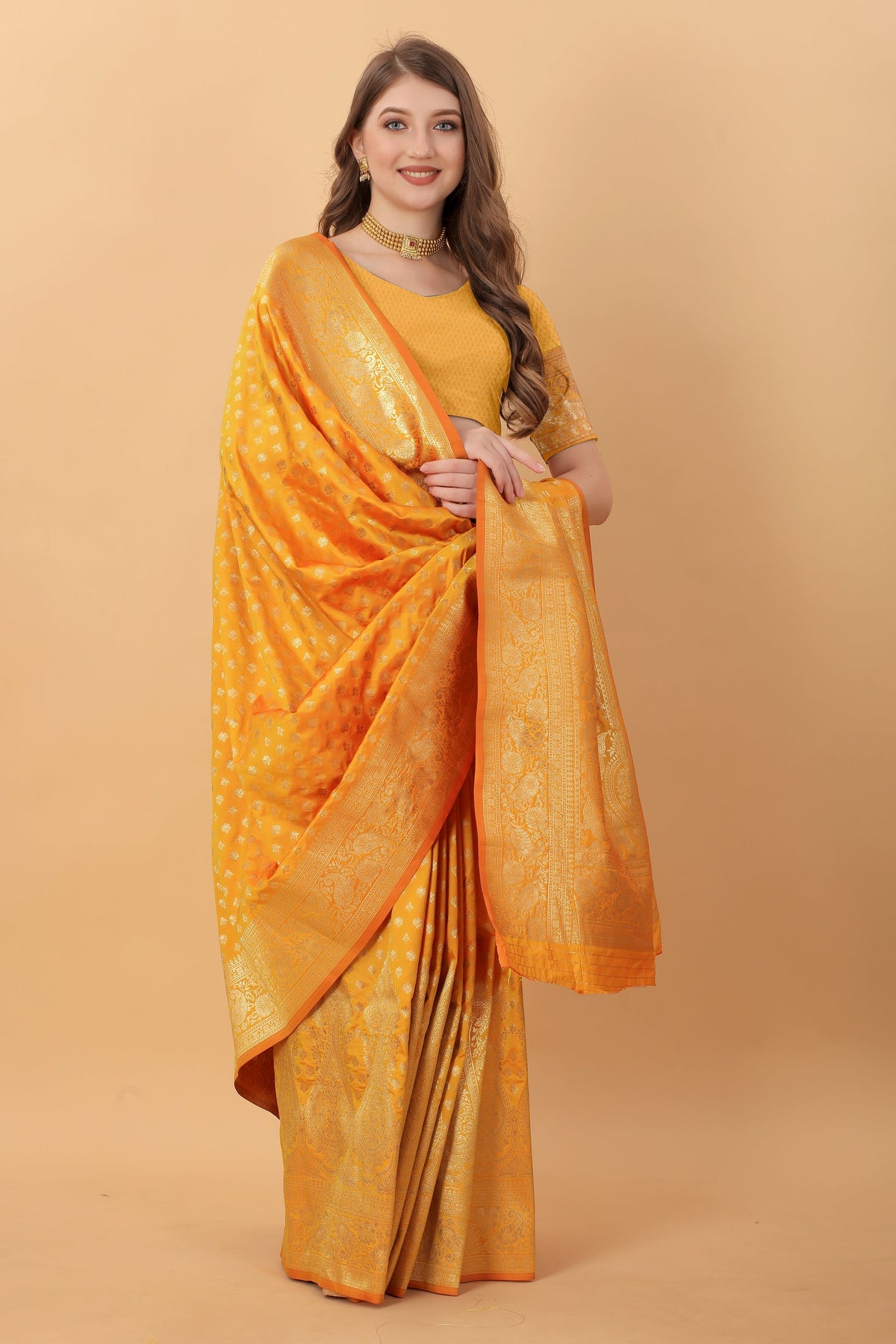 Vedant Vastram Soft Litchi Silk Kanjeevaram Saree - Mustard | Grocsy