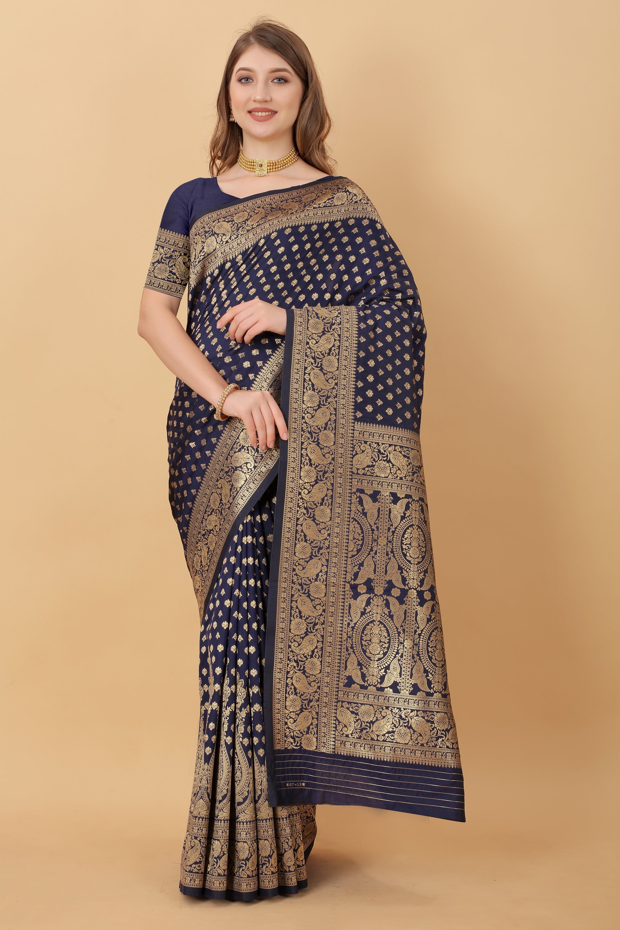 Vedant Vastram Soft Litchi Silk Kanjeevaram Saree - Navy | Grocsy