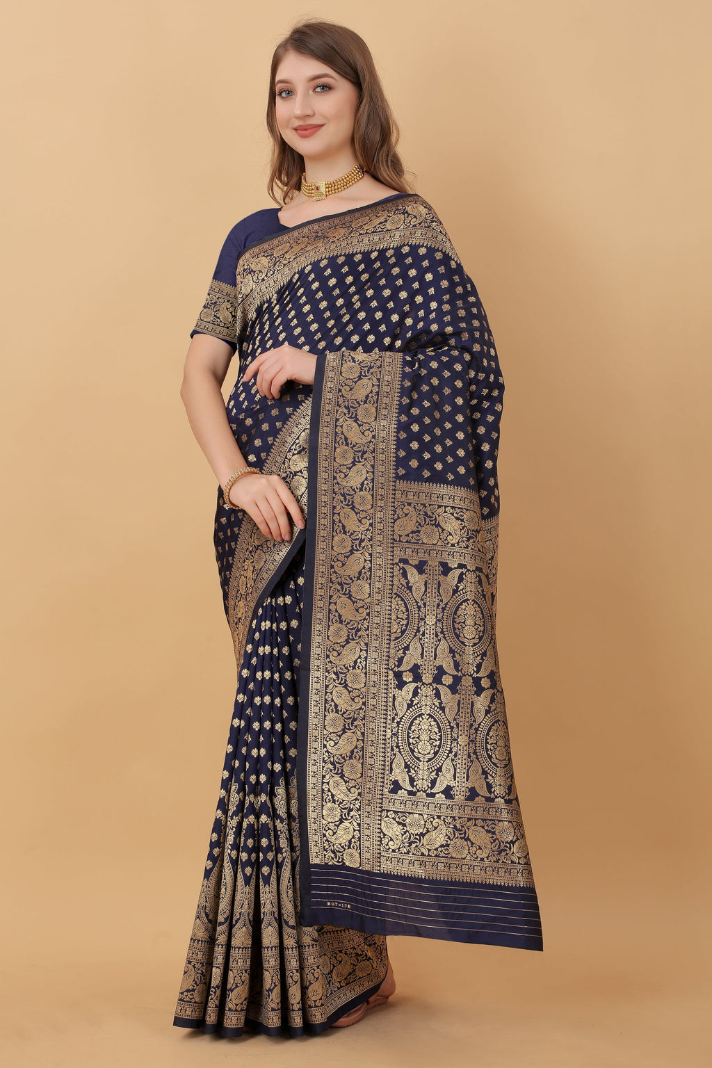 Vedant Vastram Soft Litchi Silk Kanjeevaram Saree - Navy | Grocsy