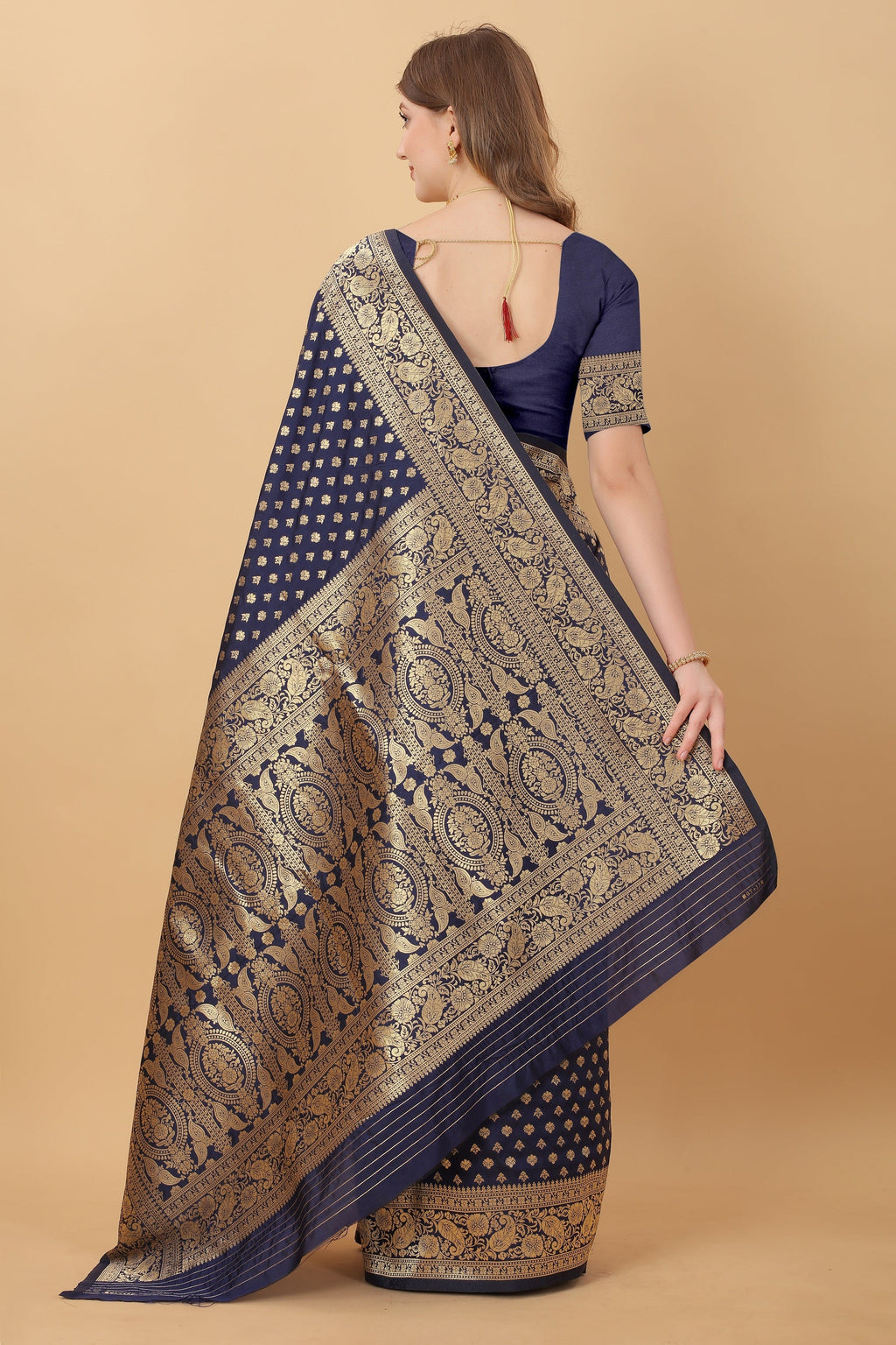 Vedant Vastram Soft Litchi Silk Kanjeevaram Saree - Navy | Grocsy