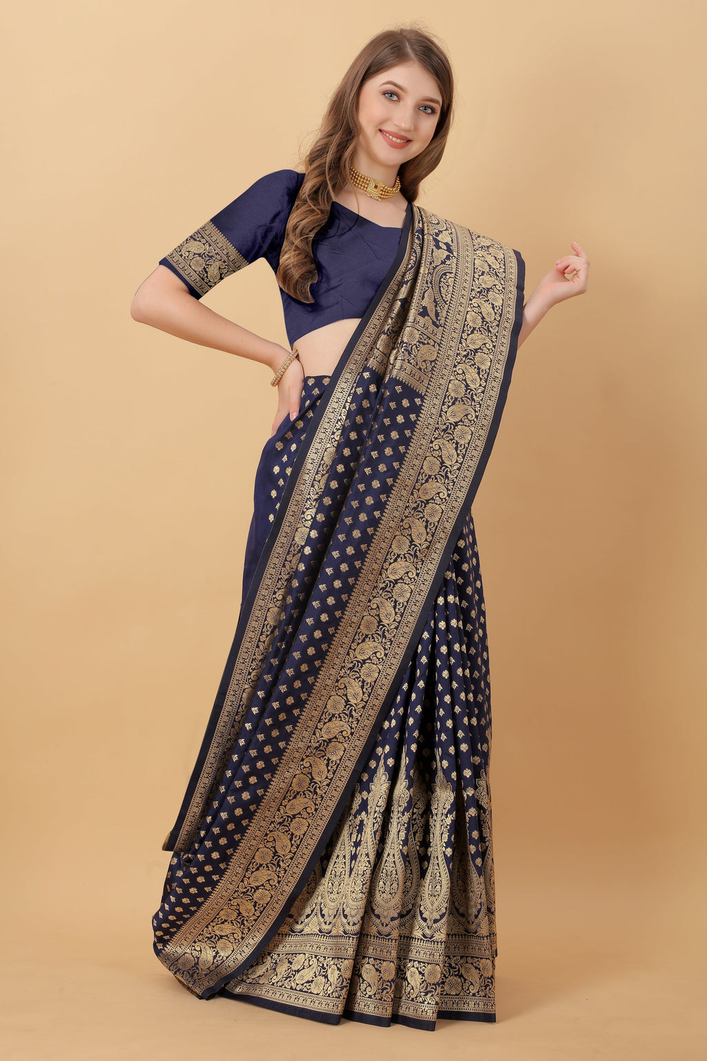 Vedant Vastram Soft Litchi Silk Kanjeevaram Saree - Navy | Grocsy