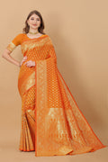 Vedant Vastram Soft Litchi Silk Kanjeevaram Saree - Orange | Grocsy