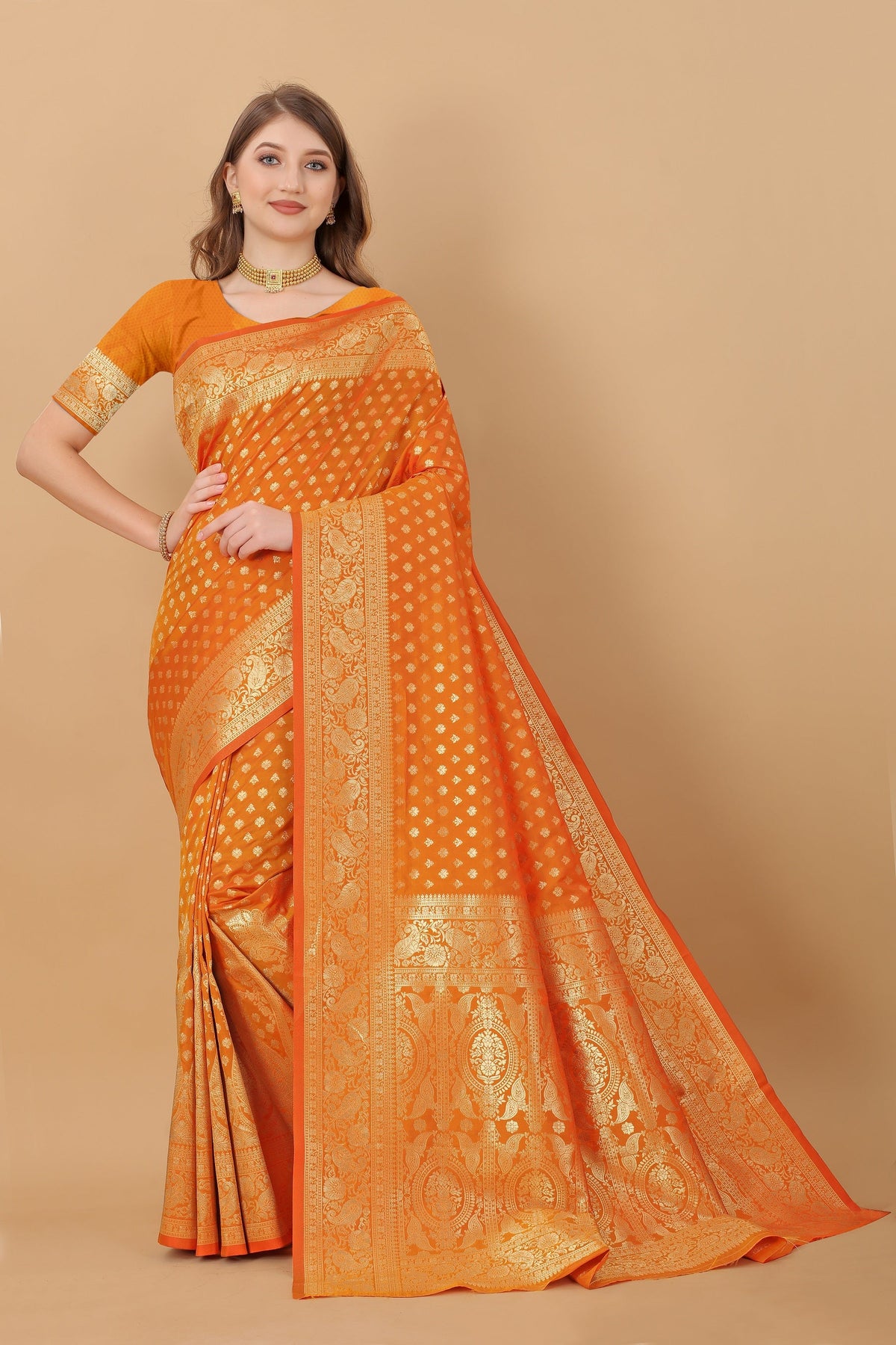 Vedant Vastram Soft Litchi Silk Kanjeevaram Saree - Orange | Grocsy