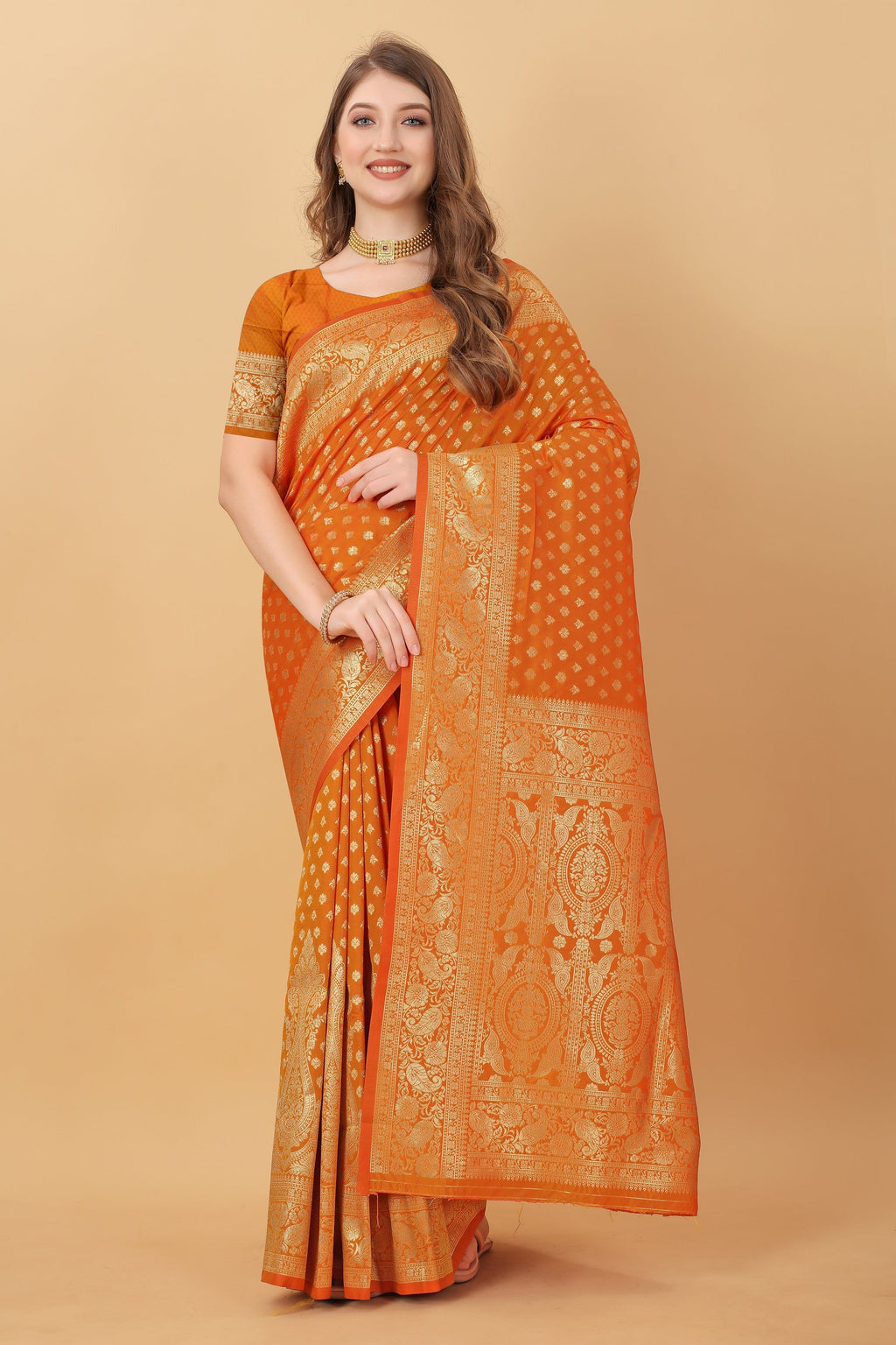 Vedant Vastram Soft Litchi Silk Kanjeevaram Saree - Orange | Grocsy