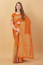 Vedant Vastram Soft Litchi Silk Kanjeevaram Saree - Orange | Grocsy