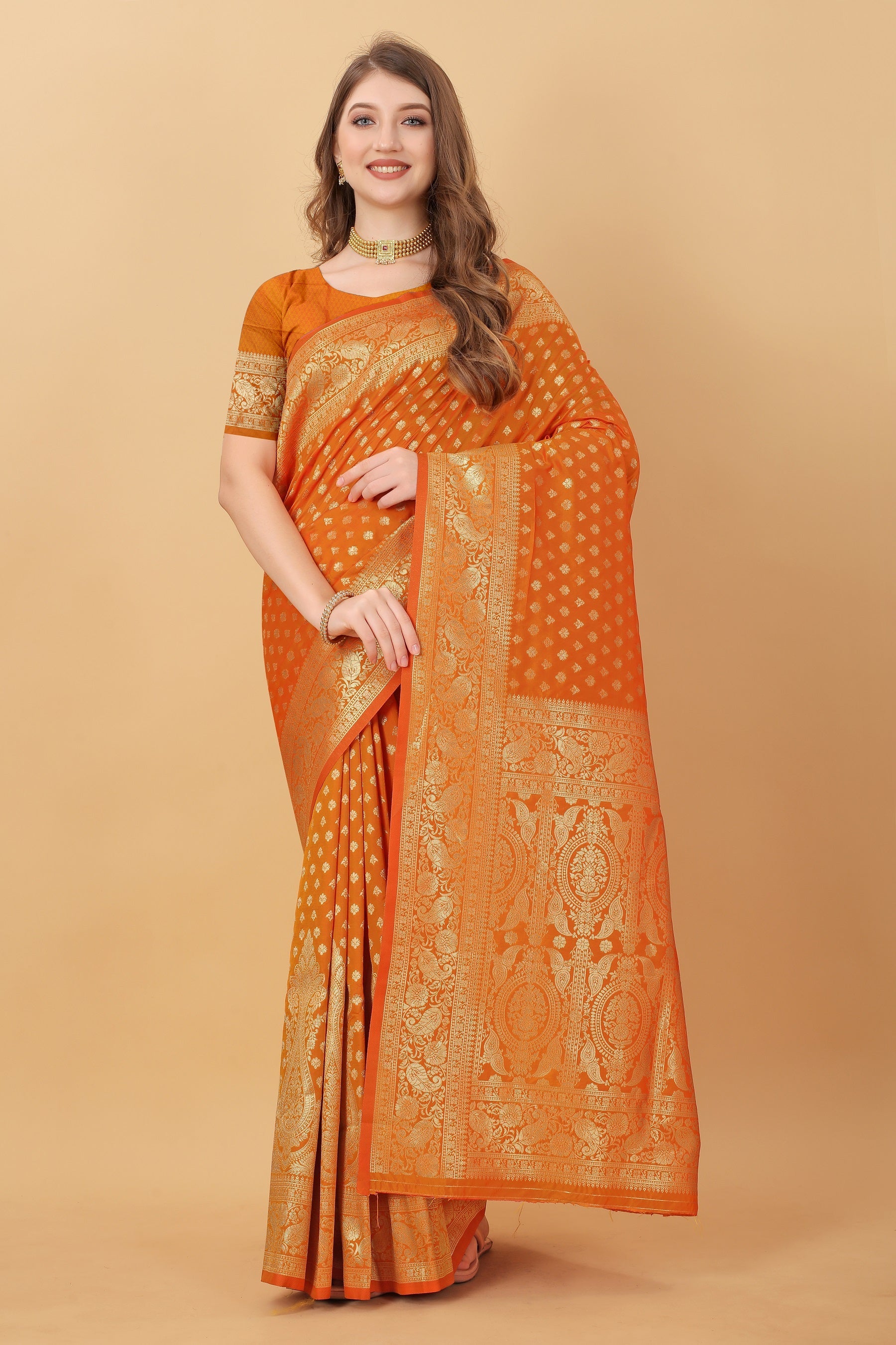 Vedant Vastram Soft Litchi Silk Kanjeevaram Saree - Orange | Grocsy