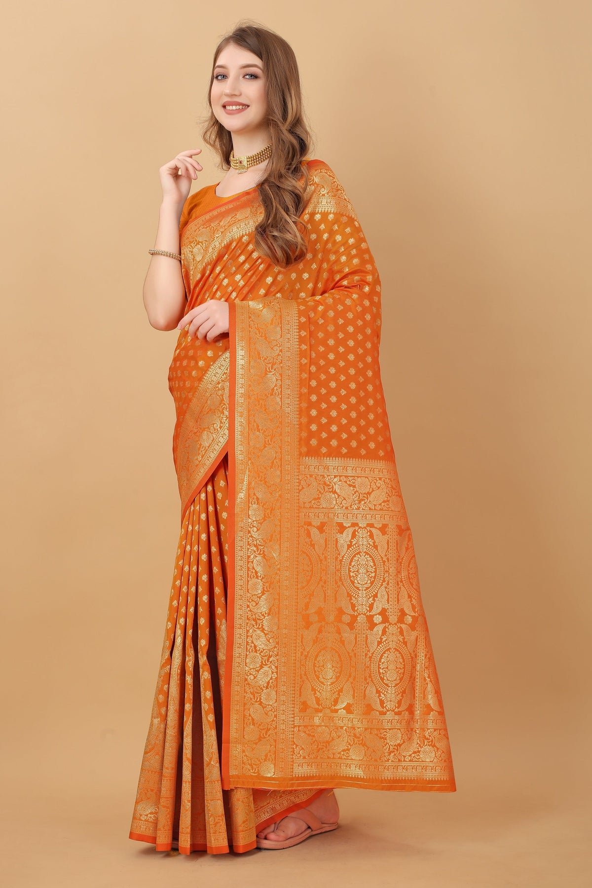 Vedant Vastram Soft Litchi Silk Kanjeevaram Saree - Orange | Grocsy