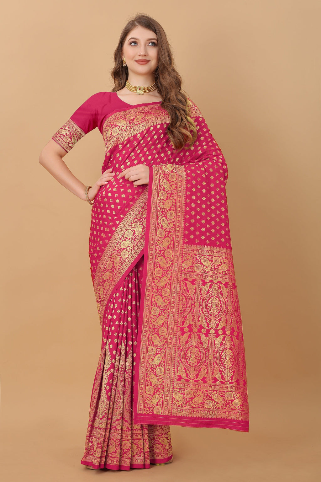 Vedant Vastram Soft Litchi Silk Kanjeevaram Saree - Pink | Grocsy