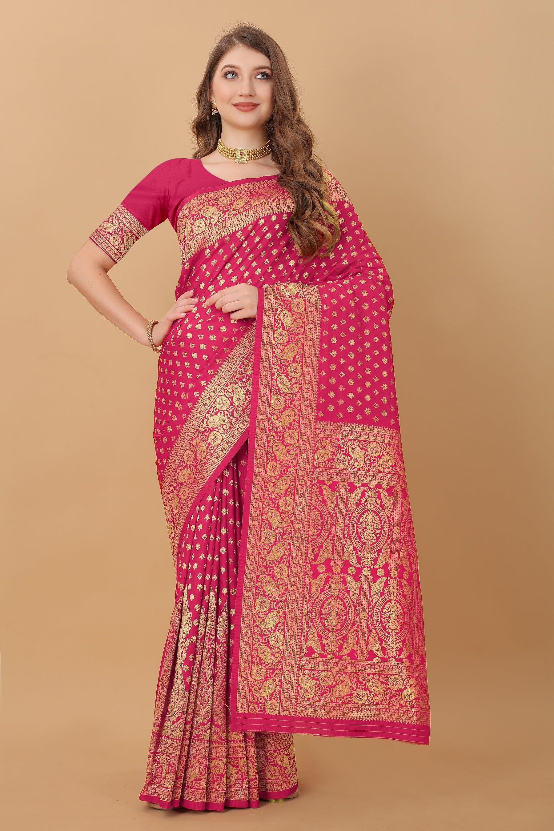 Vedant Vastram Soft Litchi Silk Kanjeevaram Saree - Pink | Grocsy