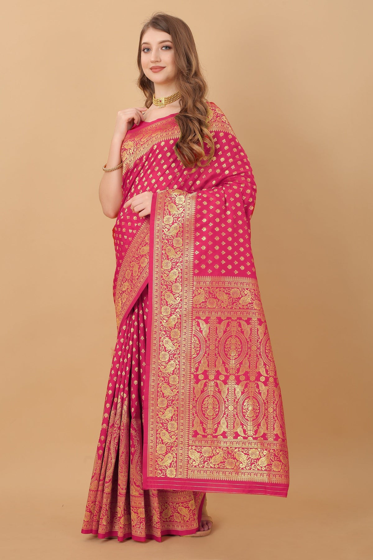 Vedant Vastram Soft Litchi Silk Kanjeevaram Saree - Pink | Grocsy