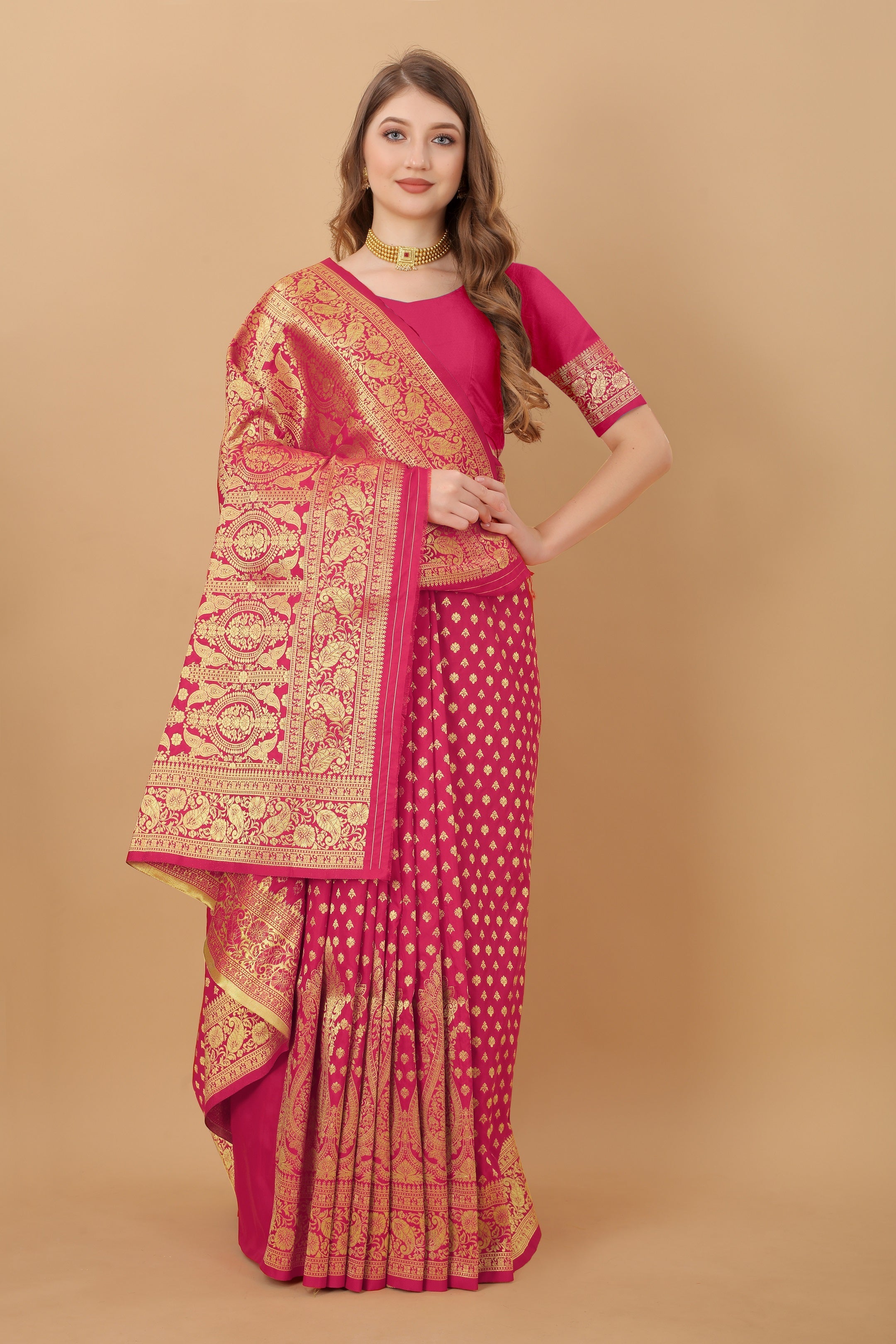 Vedant Vastram Soft Litchi Silk Kanjeevaram Saree - Pink | Grocsy