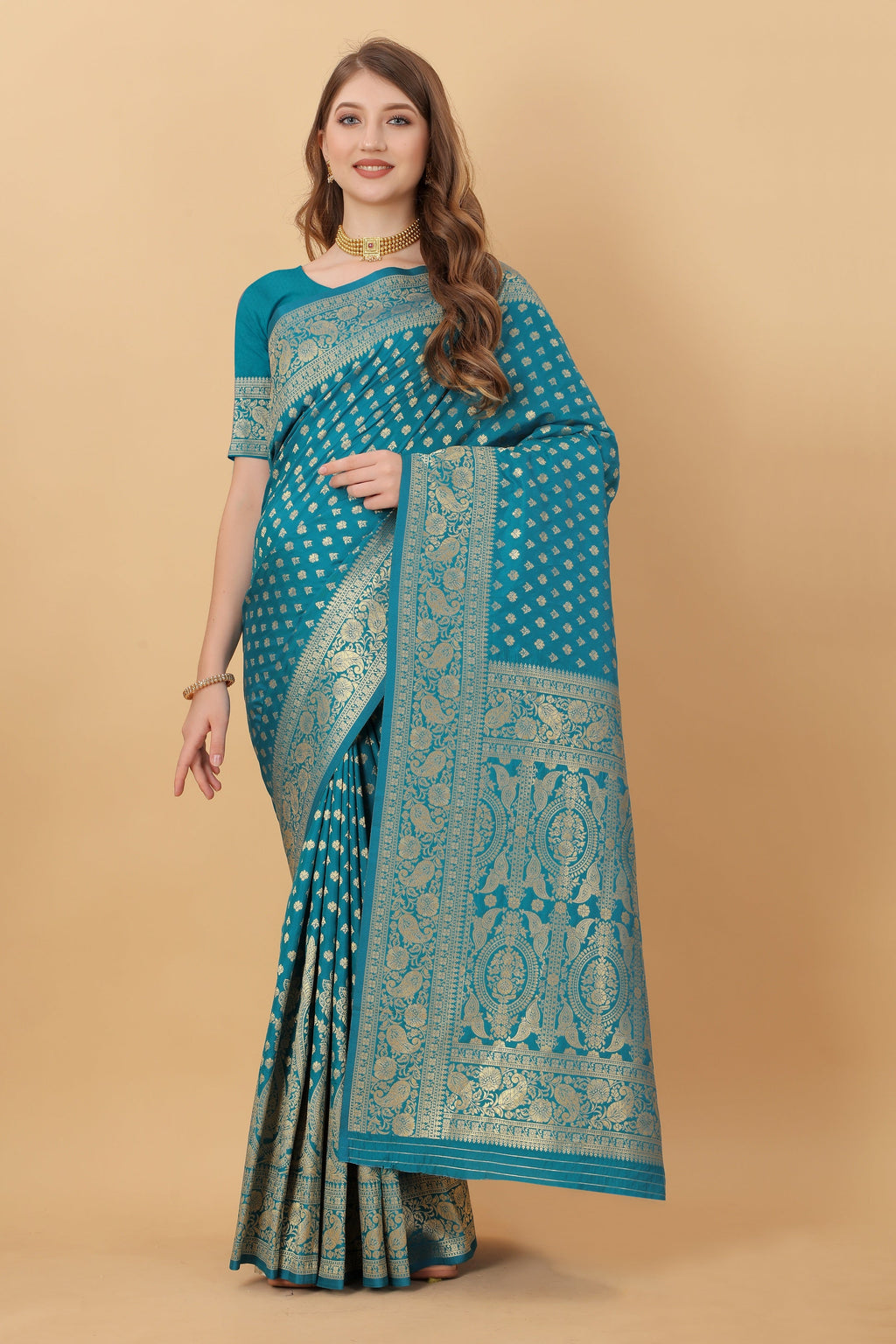 Vedant Vastram Soft Litchi Silk Kanjeevaram Saree - Rama | Grocsy