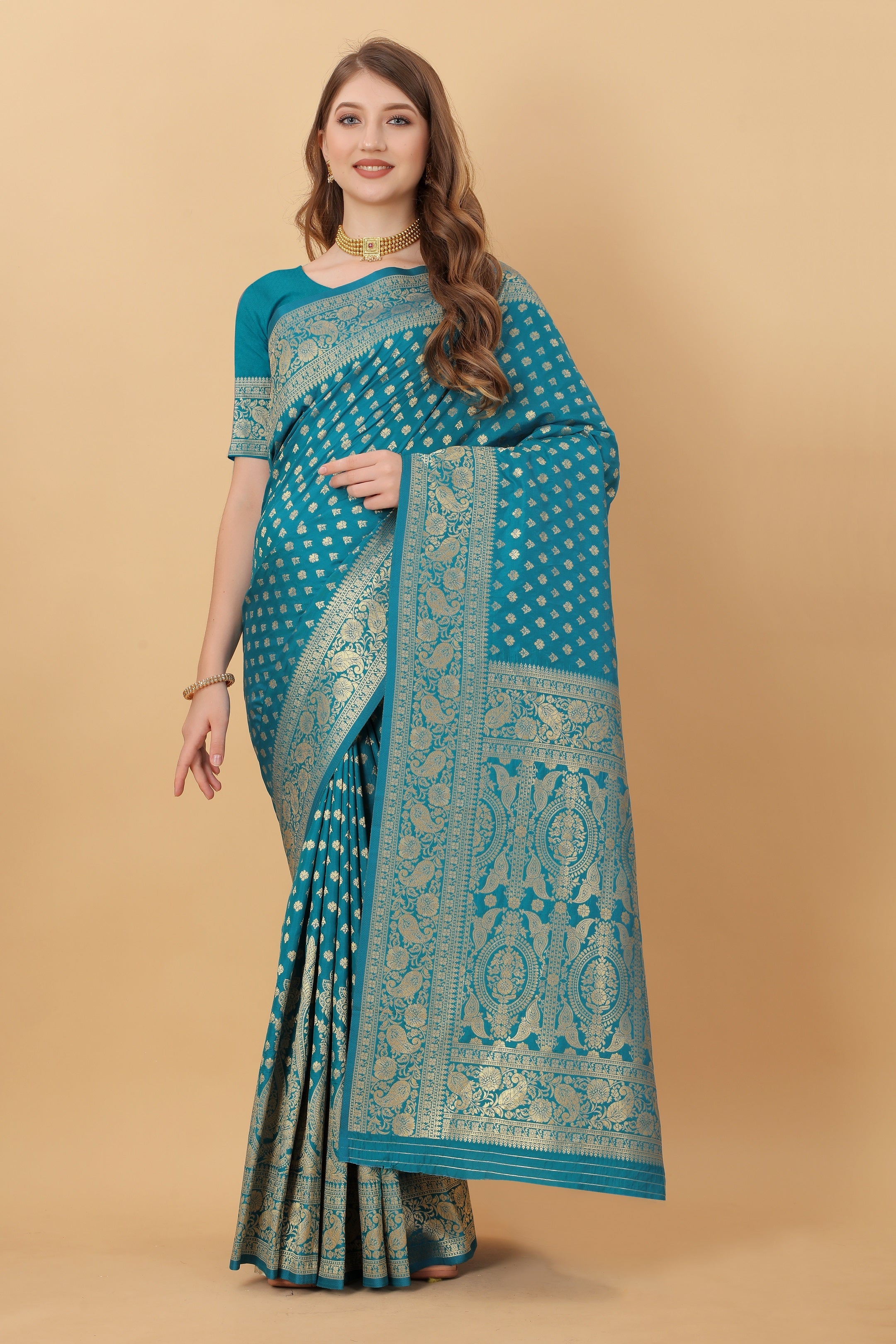 Vedant Vastram Soft Litchi Silk Kanjeevaram Saree - Rama | Grocsy