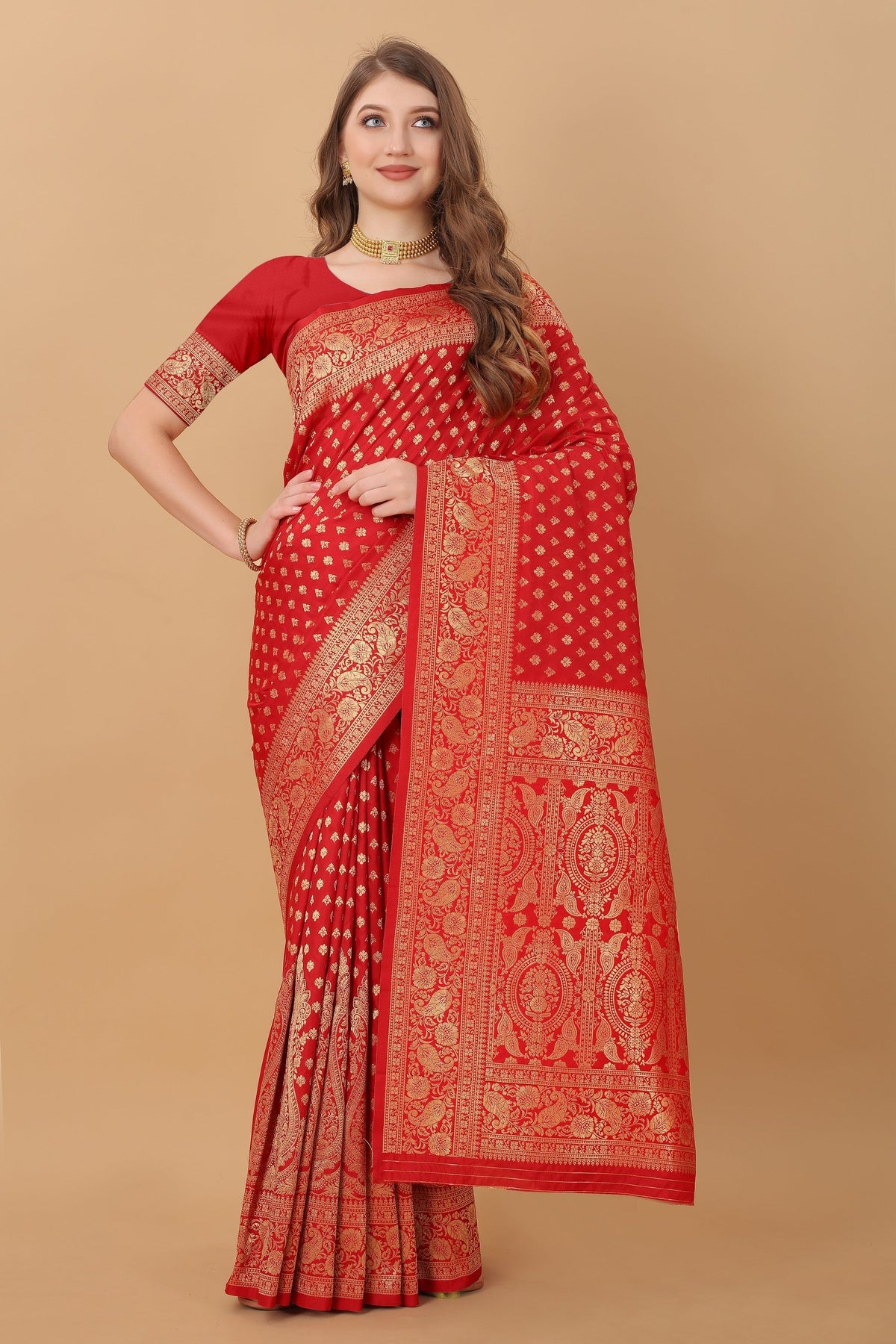 Vedant Vastram Soft Litchi Silk Kanjeevaram Saree - Red | Grocsy