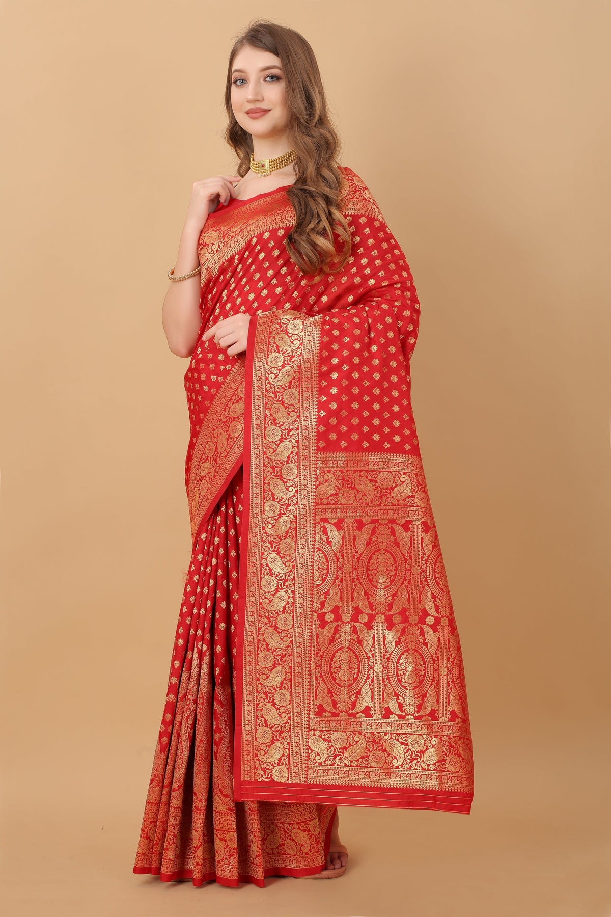 Vedant Vastram Soft Litchi Silk Kanjeevaram Saree - Red | Grocsy