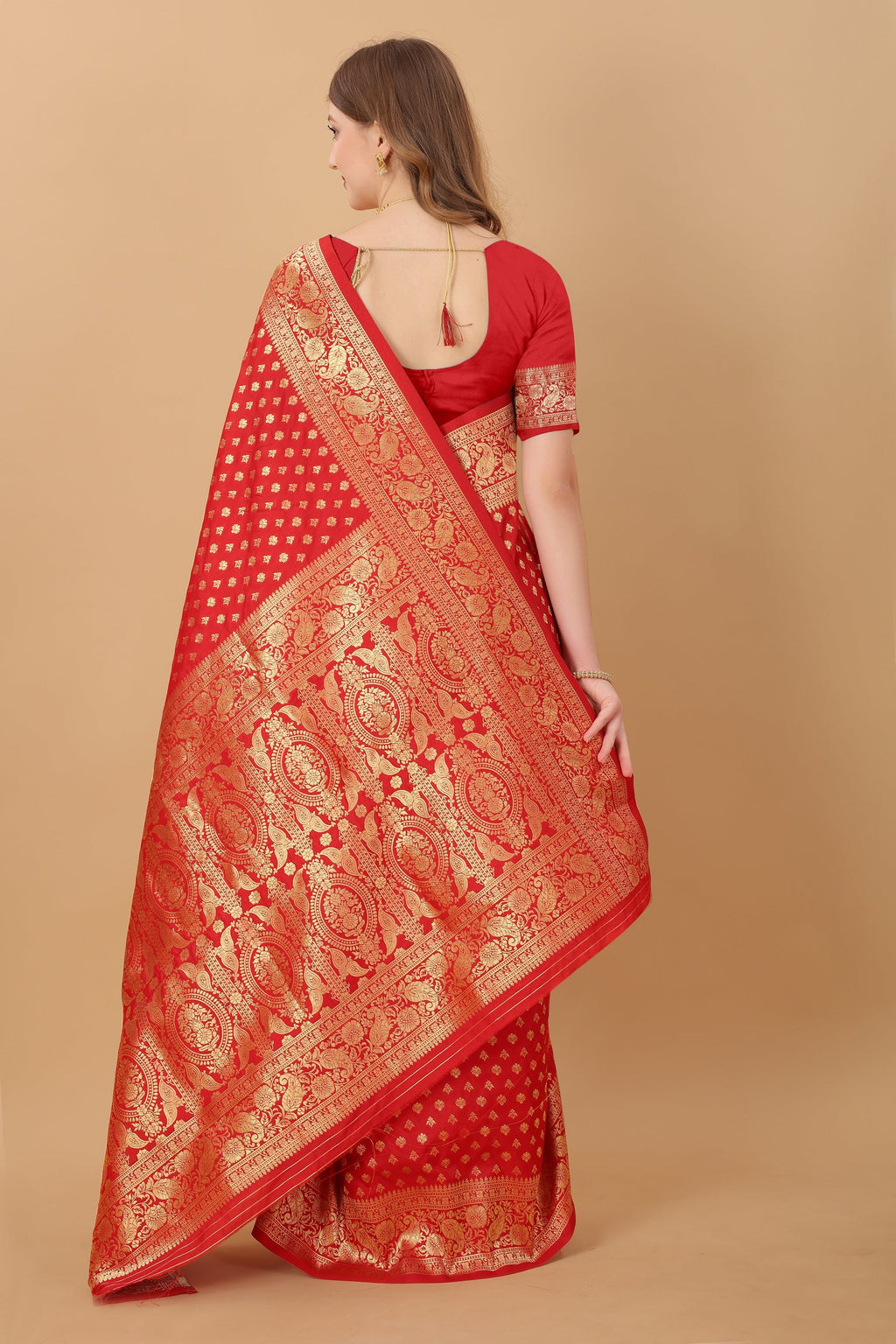 Vedant Vastram Soft Litchi Silk Kanjeevaram Saree - Red | Grocsy