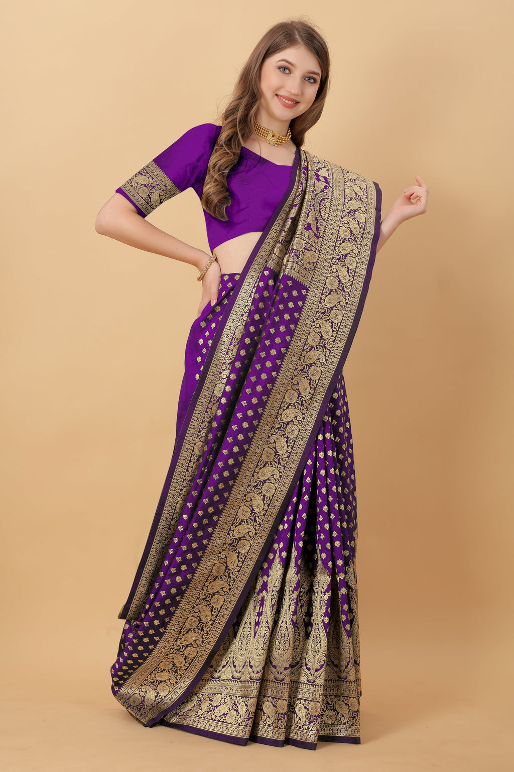 Vedant Vastram Soft Litchi Silk Kanjeevaram Saree - Violet | Grocsy
