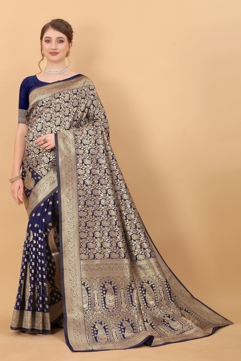 Vedant Vastram Soft Litchi Silk Kanjeevaram Saree - Navy | Grocsy