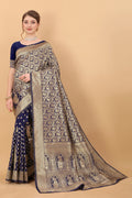 Vedant Vastram Soft Litchi Silk Kanjeevaram Saree - Navy | Grocsy