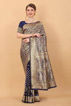 Vedant Vastram Soft Litchi Silk Kanjeevaram Saree - Navy | Grocsy