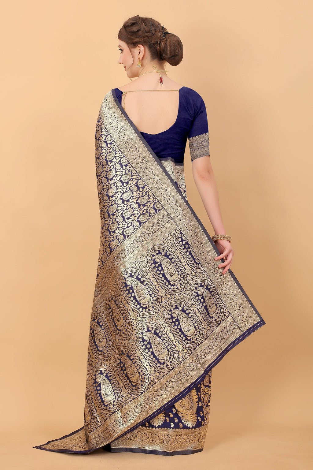 Vedant Vastram Soft Litchi Silk Kanjeevaram Saree - Navy | Grocsy