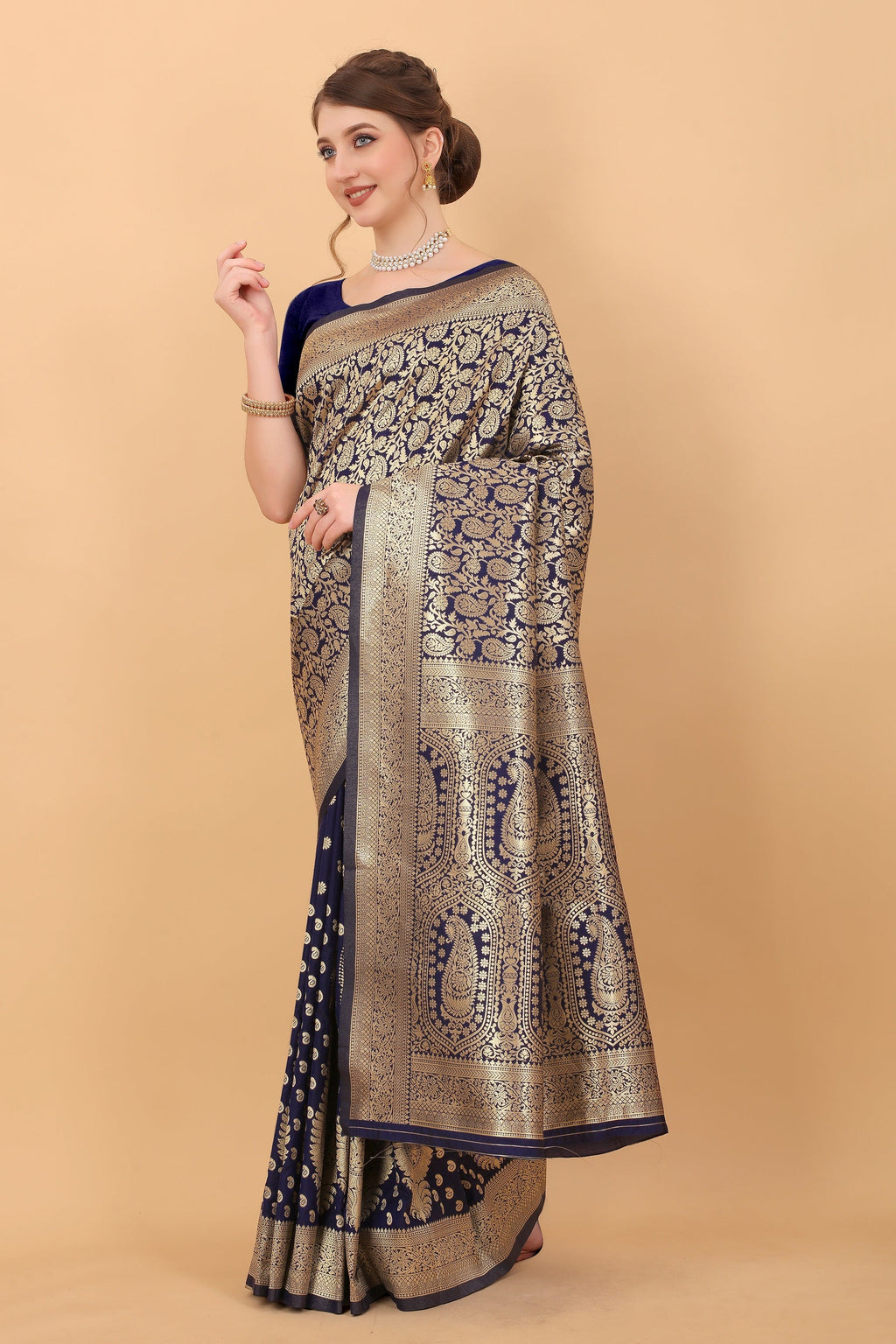 Vedant Vastram Soft Litchi Silk Kanjeevaram Saree - Navy | Grocsy