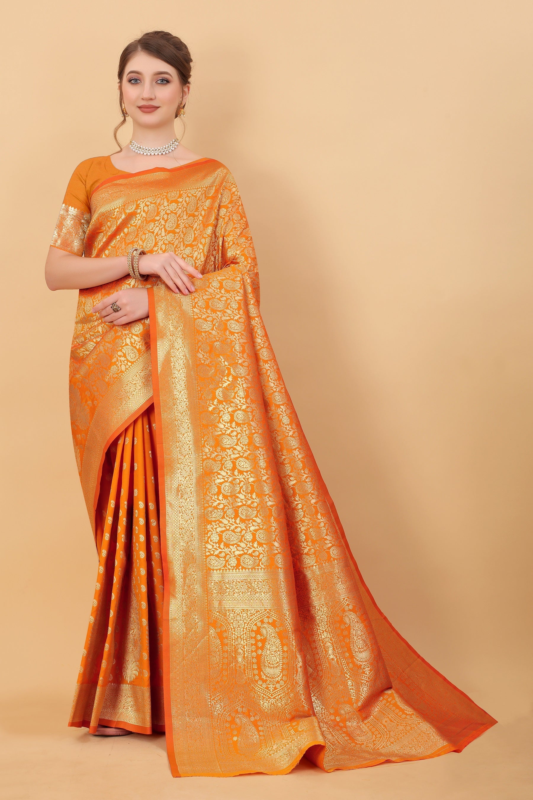 Vedant Vastram Soft Litchi Silk Kanjeevaram Saree - Orange | Grocsy