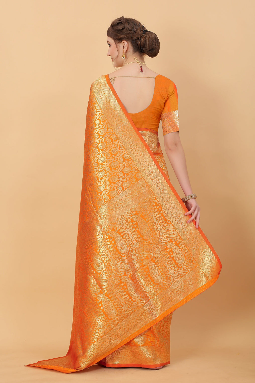 Vedant Vastram Soft Litchi Silk Kanjeevaram Saree - Orange | Grocsy