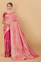Vedant Vastram Soft Litchi Silk Kanjeevaram Saree - Pink | Grocsy