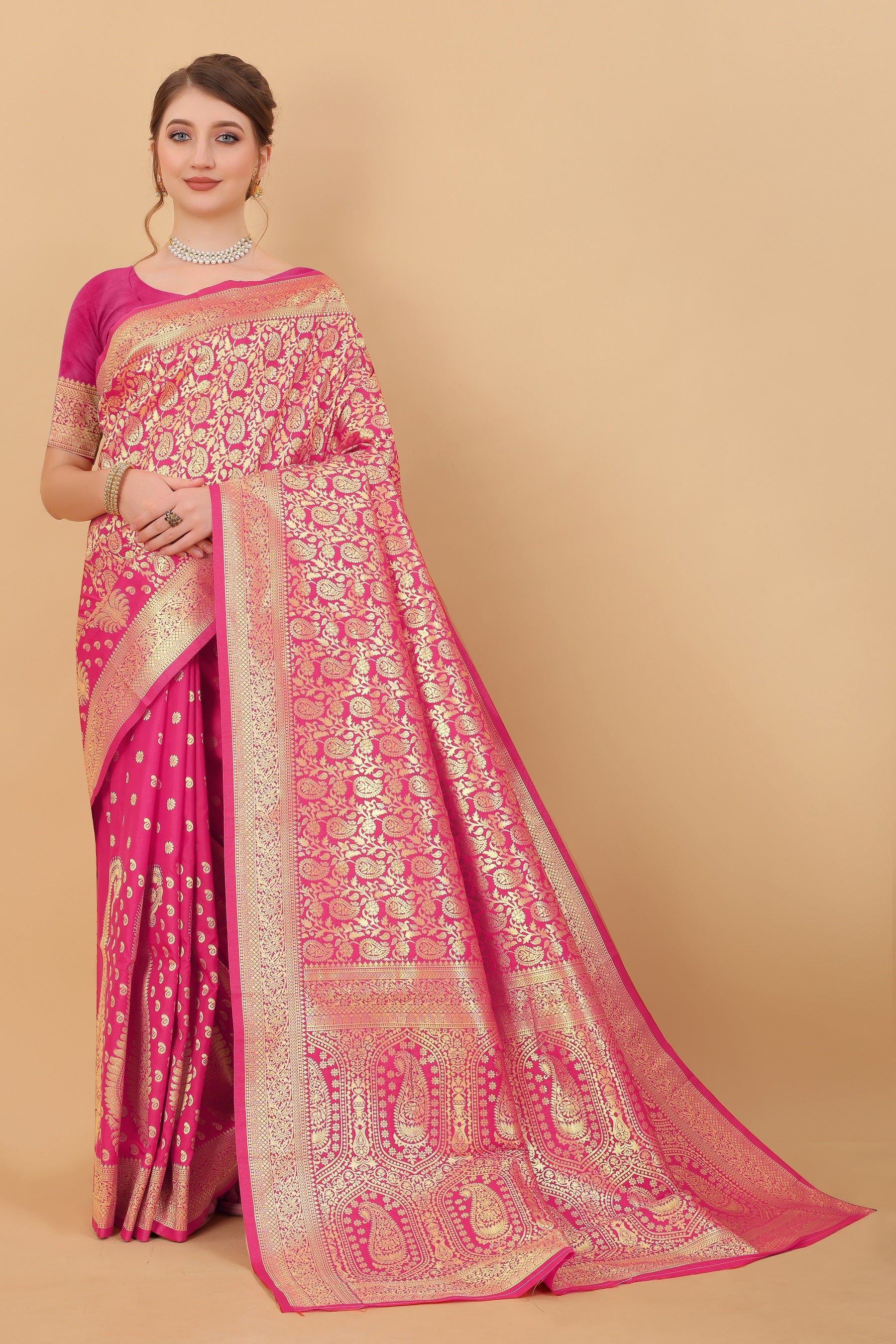 Vedant Vastram Soft Litchi Silk Kanjeevaram Saree - Pink | Grocsy