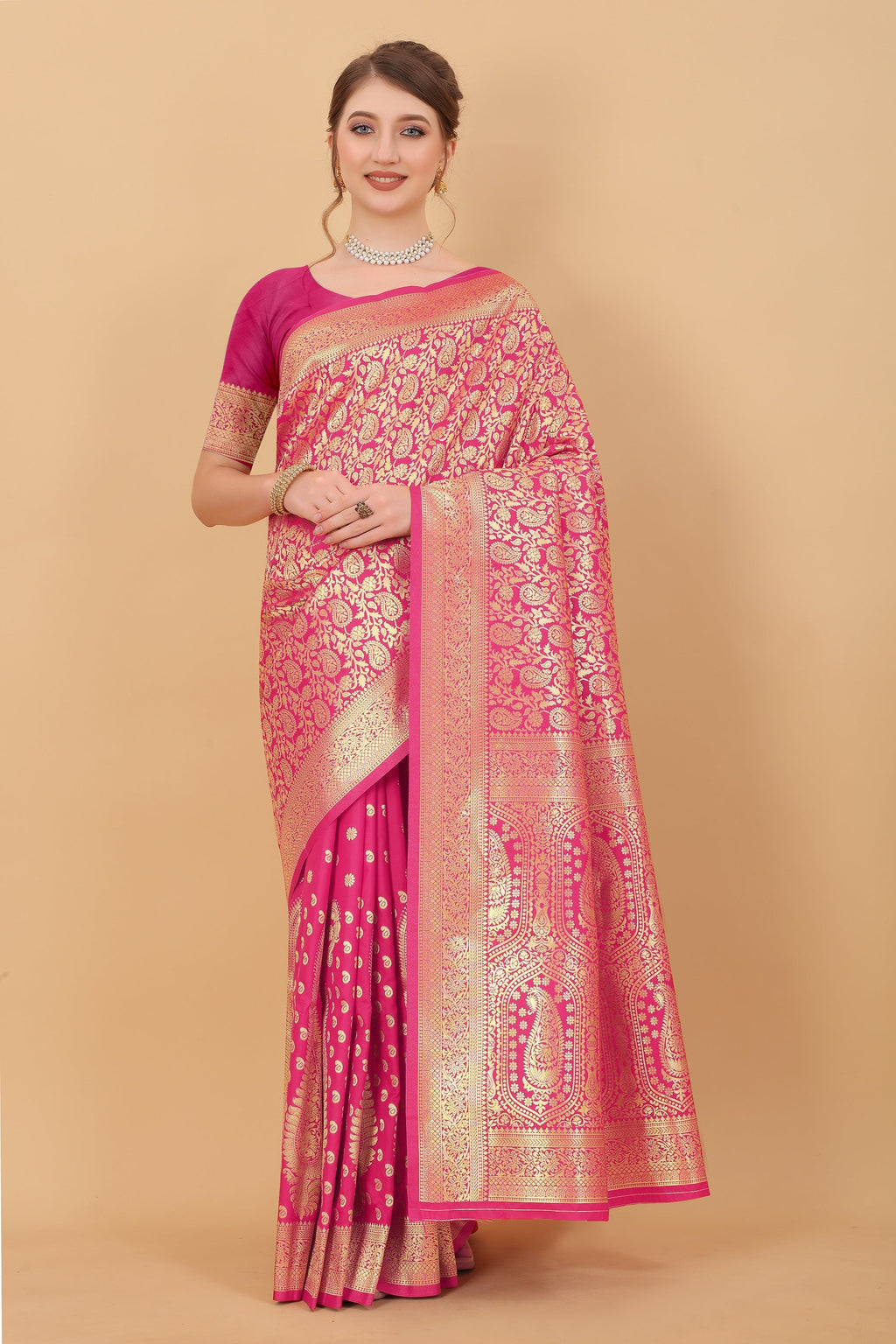 Vedant Vastram Soft Litchi Silk Kanjeevaram Saree - Pink | Grocsy