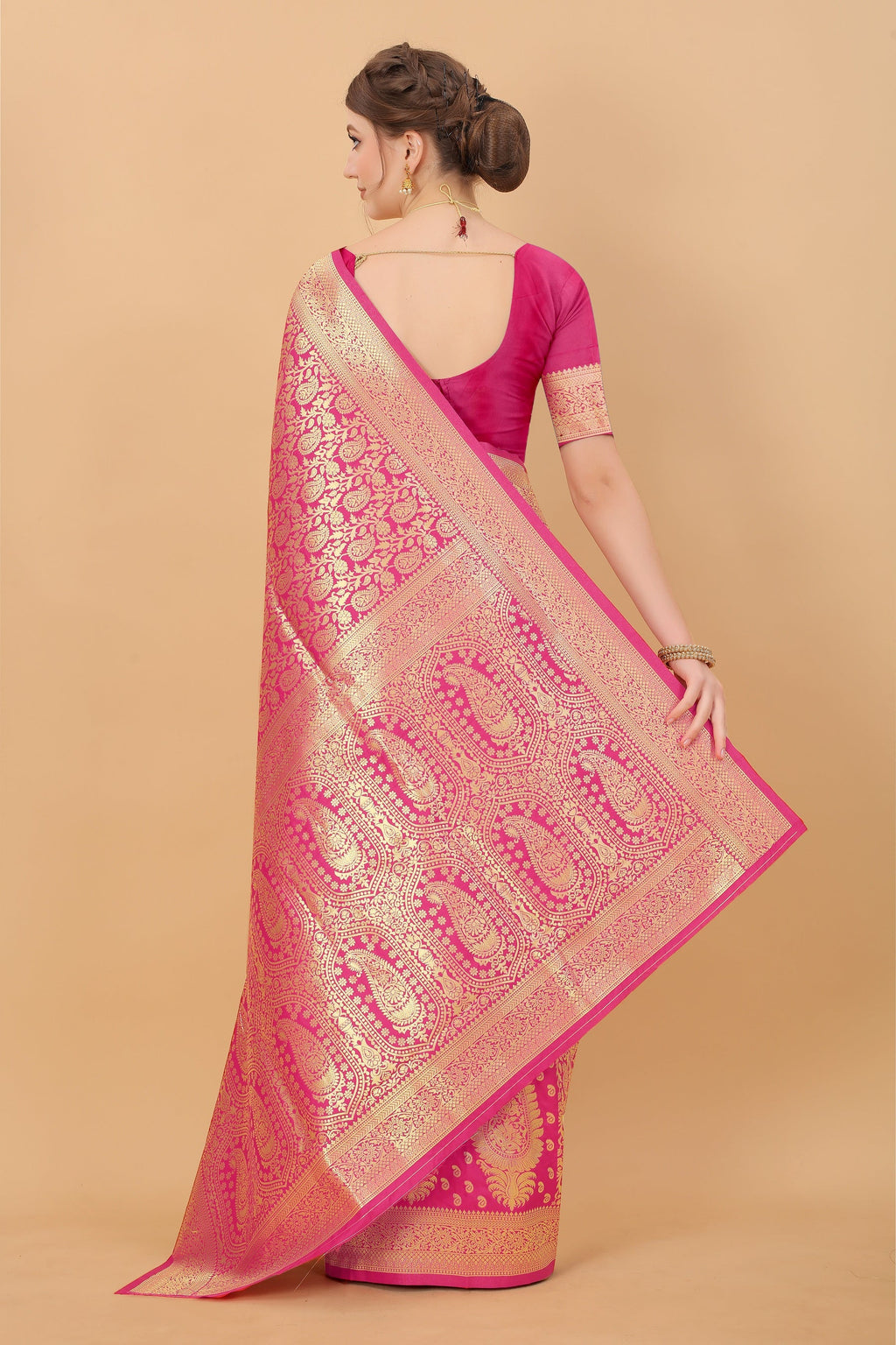Vedant Vastram Soft Litchi Silk Kanjeevaram Saree - Pink | Grocsy