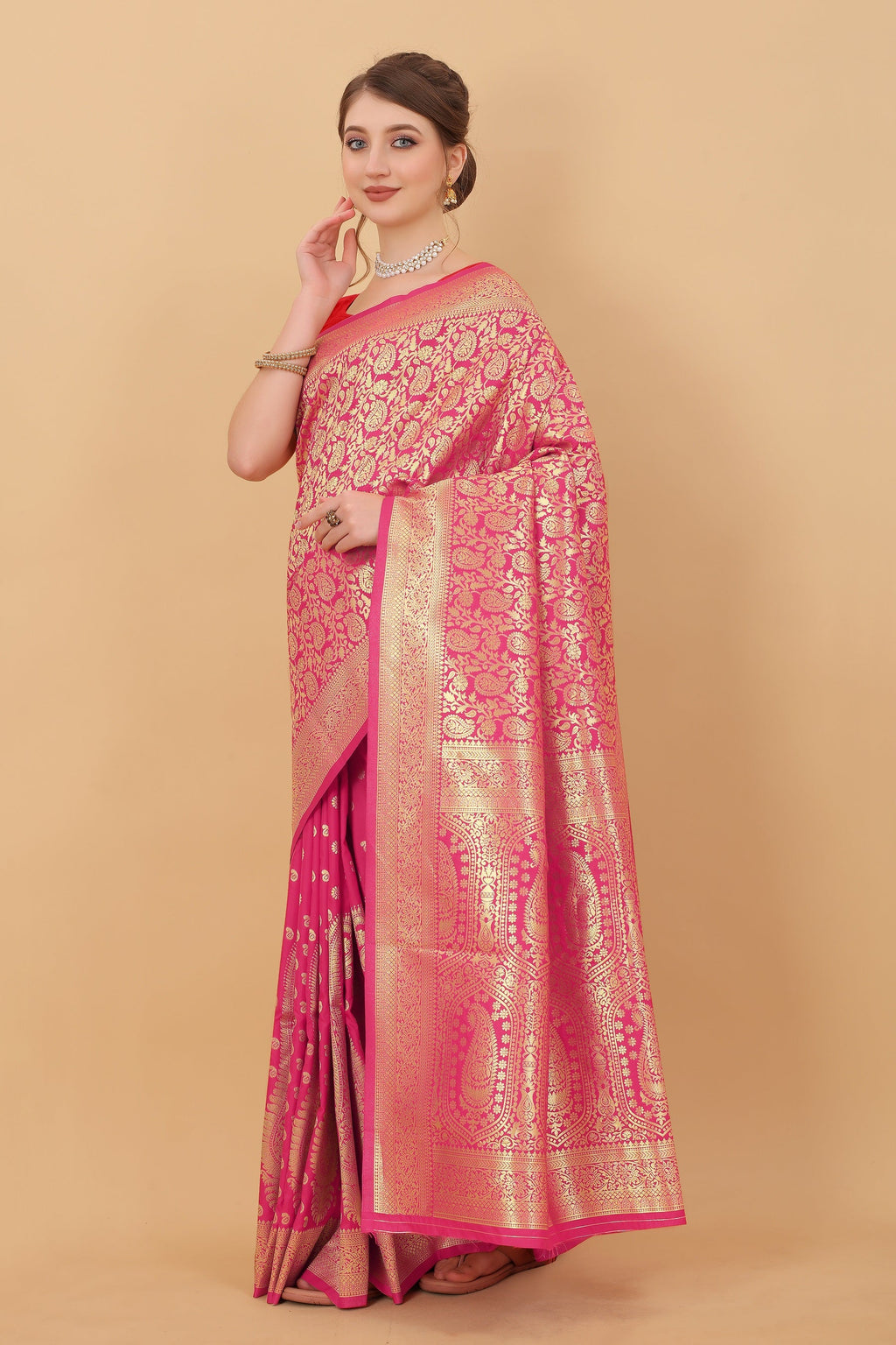 Vedant Vastram Soft Litchi Silk Kanjeevaram Saree - Pink | Grocsy