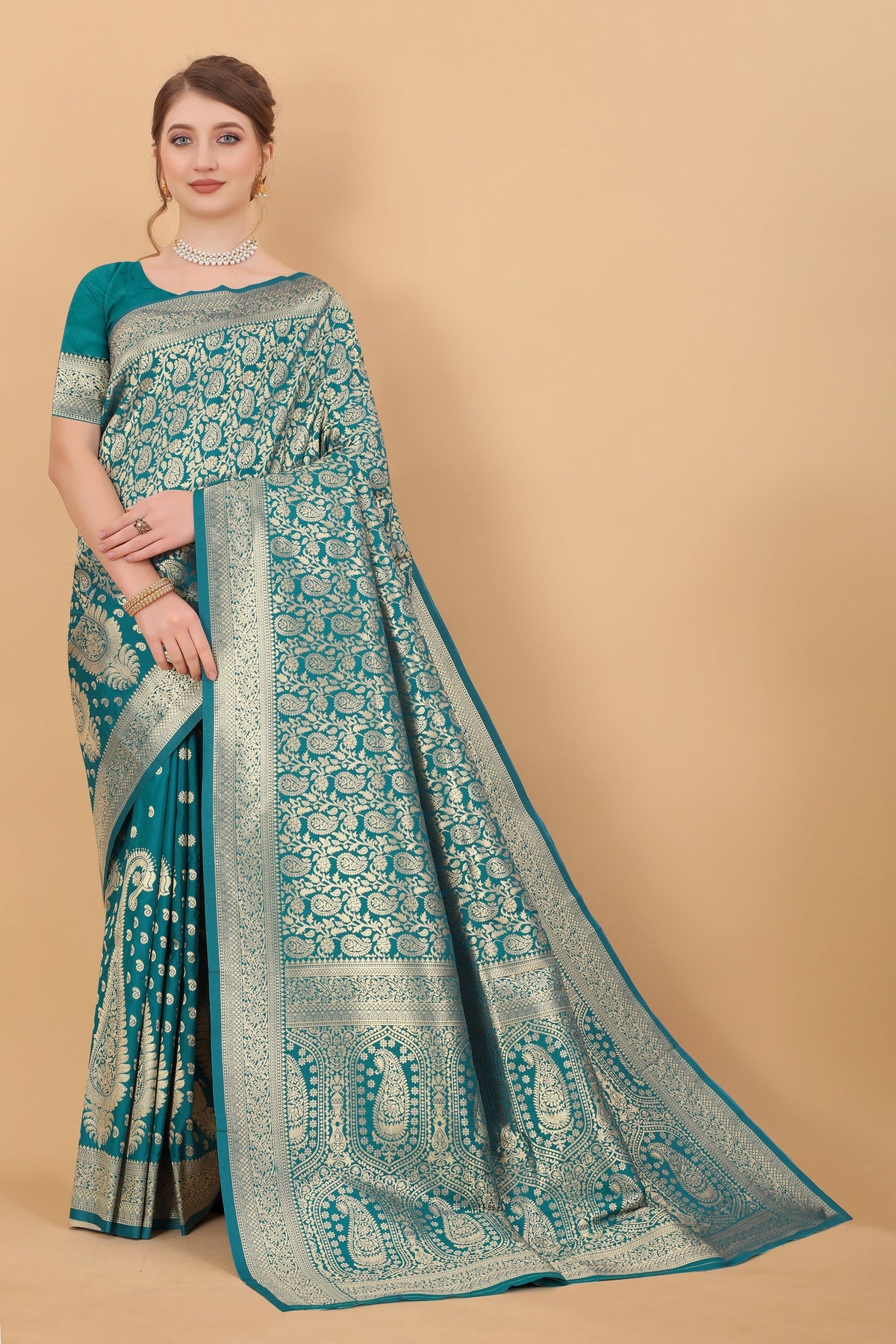 Vedant Vastram Soft Litchi Silk Kanjeevaram Saree - Rama | Grocsy
