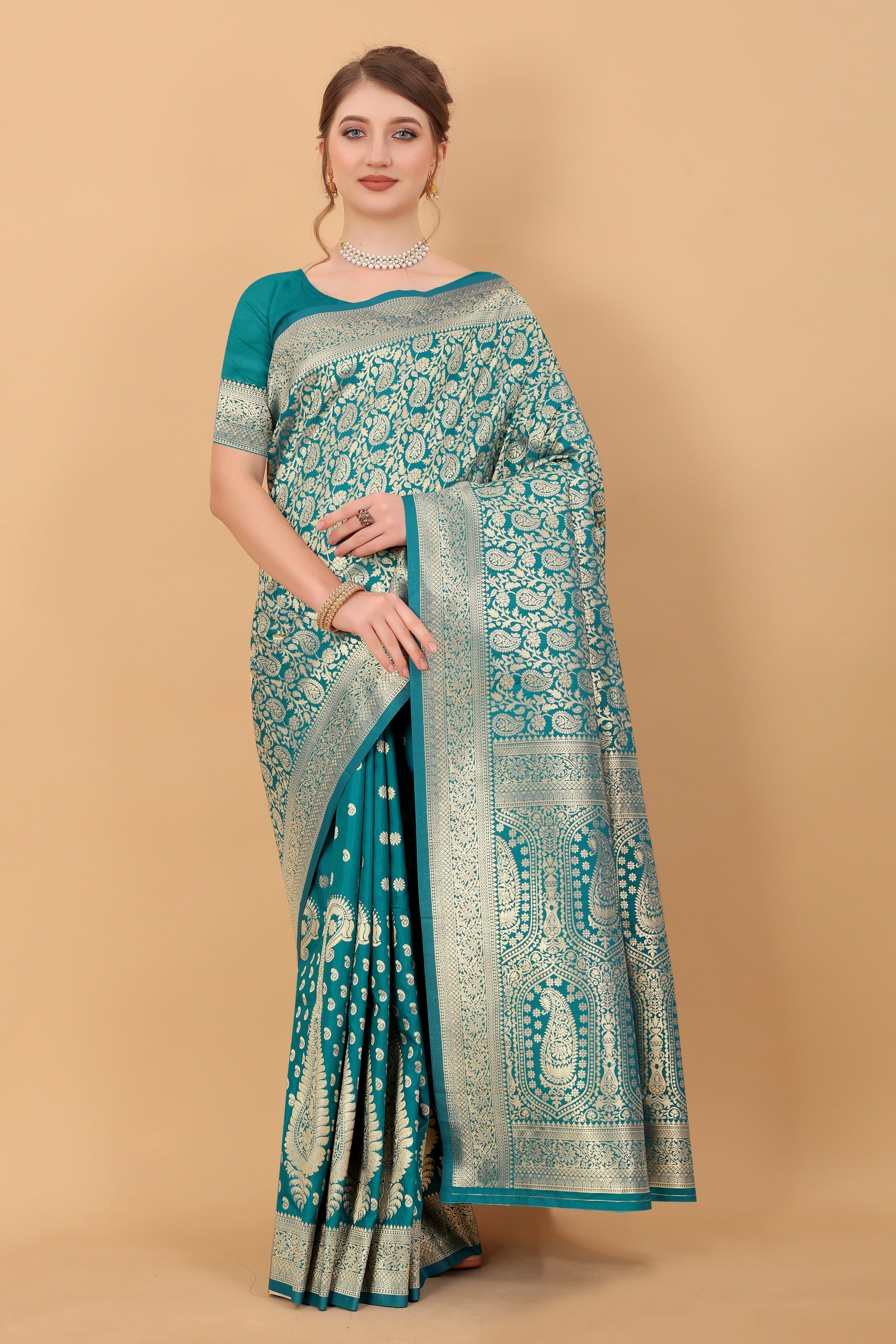 Vedant Vastram Soft Litchi Silk Kanjeevaram Saree - Rama | Grocsy