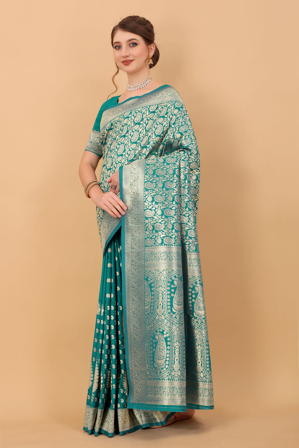 Vedant Vastram Soft Litchi Silk Kanjeevaram Saree - Rama | Grocsy