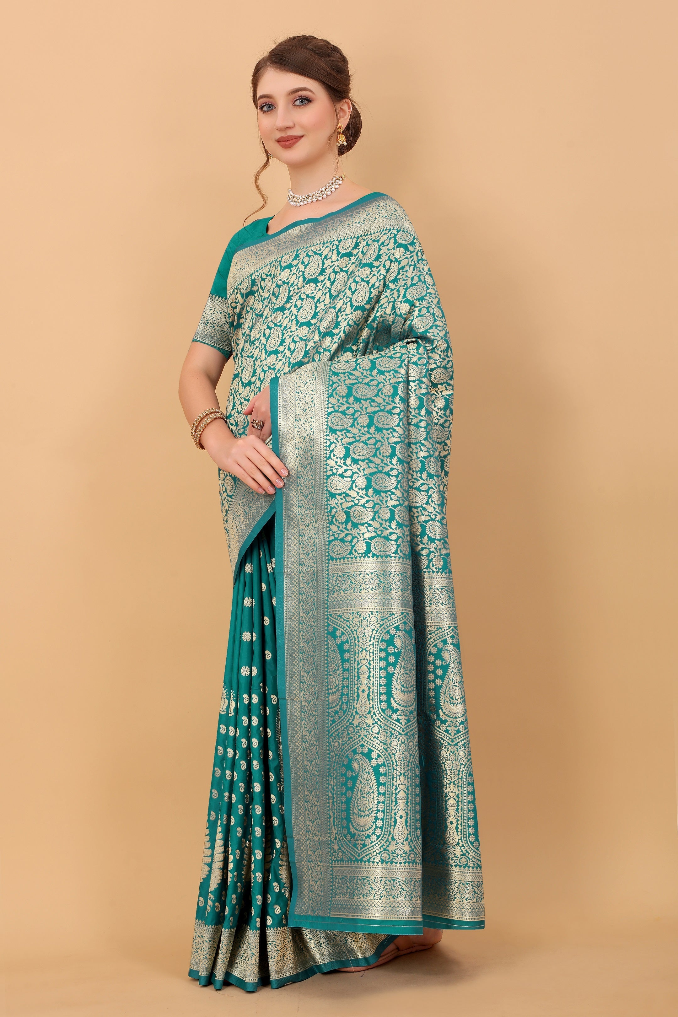 Vedant Vastram Soft Litchi Silk Kanjeevaram Saree - Rama | Grocsy