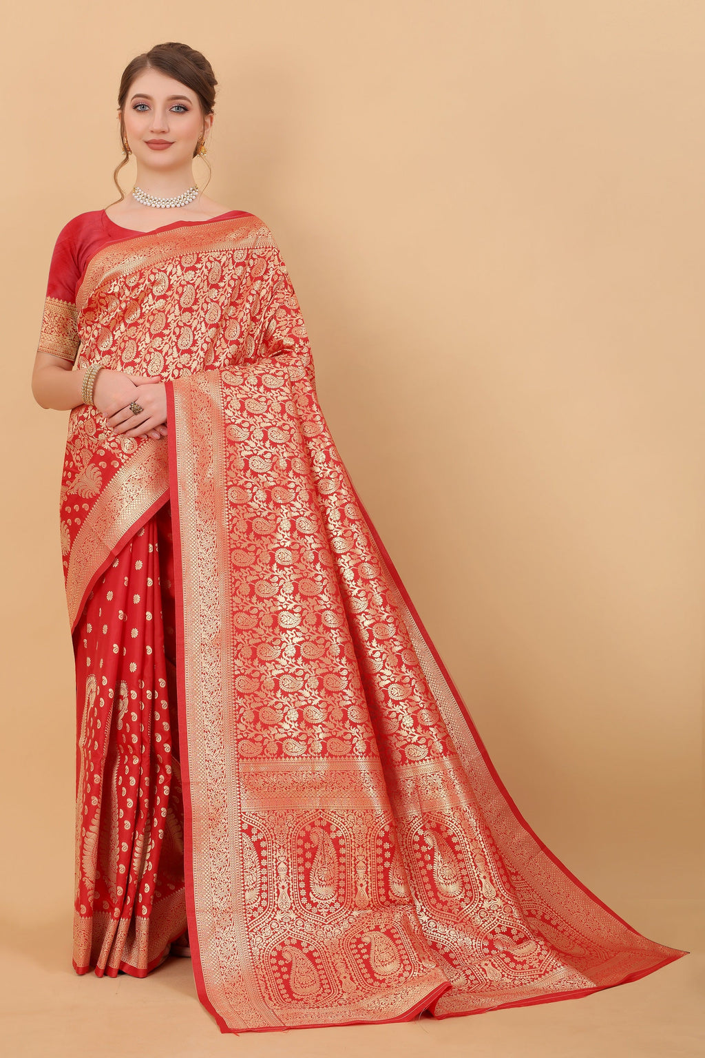 Vedant Vastram Soft Litchi Silk Kanjeevaram Saree - Red | Grocsy