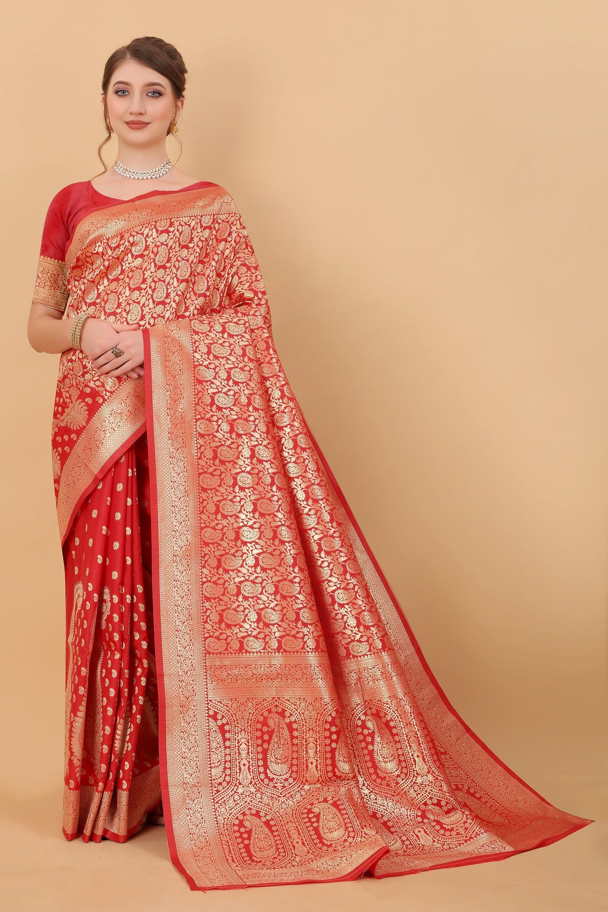 Vedant Vastram Soft Litchi Silk Kanjeevaram Saree - Red | Grocsy