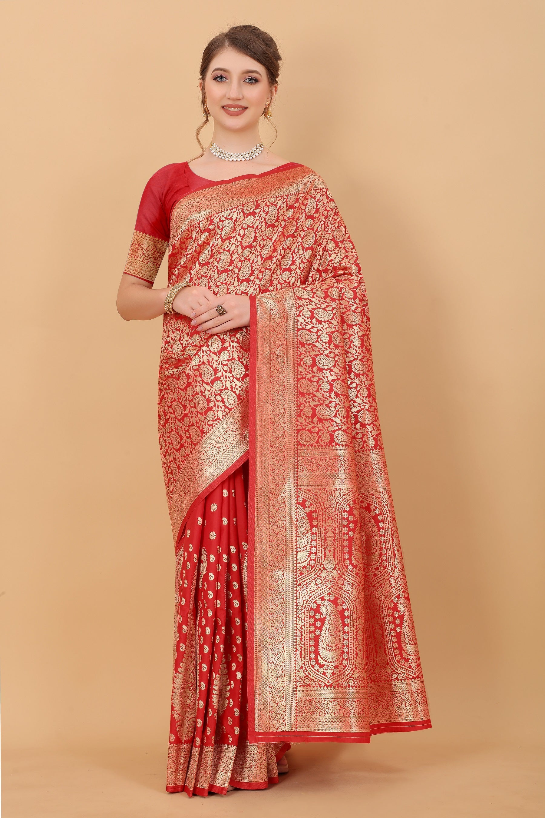Vedant Vastram Soft Litchi Silk Kanjeevaram Saree - Red | Grocsy