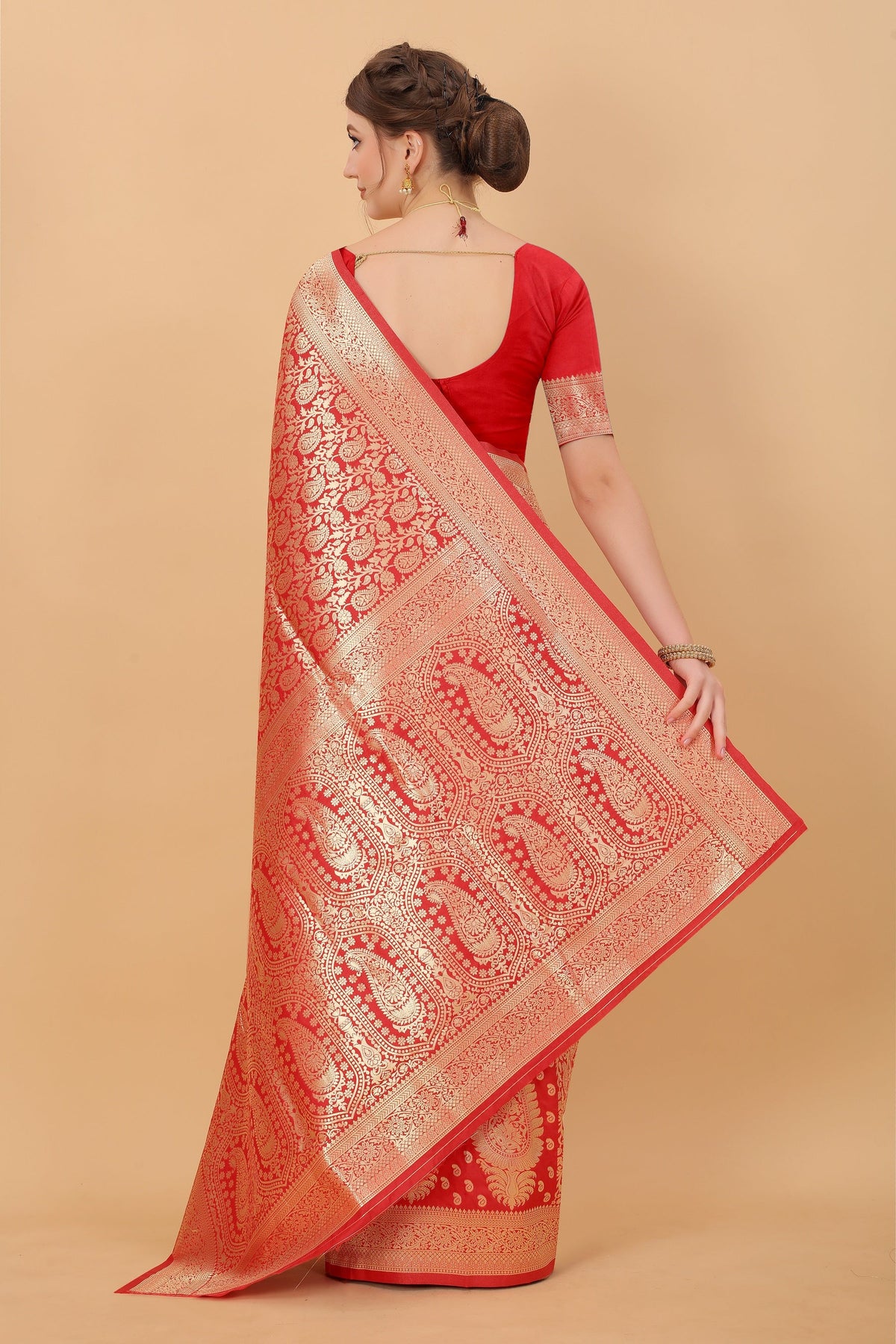 Vedant Vastram Soft Litchi Silk Kanjeevaram Saree - Red | Grocsy