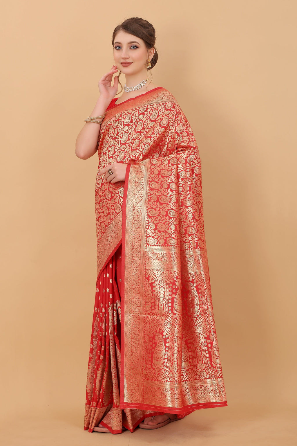 Vedant Vastram Soft Litchi Silk Kanjeevaram Saree - Red | Grocsy