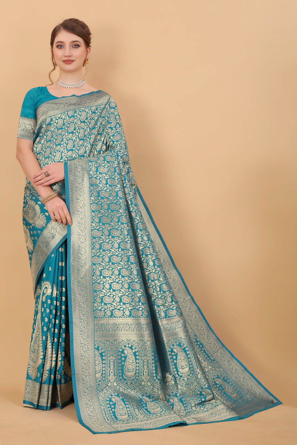 Vedant Vastram Soft Litchi Silk Kanjeevaram Saree - Turquoise | Grocsy
