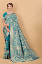 Vedant Vastram Soft Litchi Silk Kanjeevaram Saree - Turquoise | Grocsy