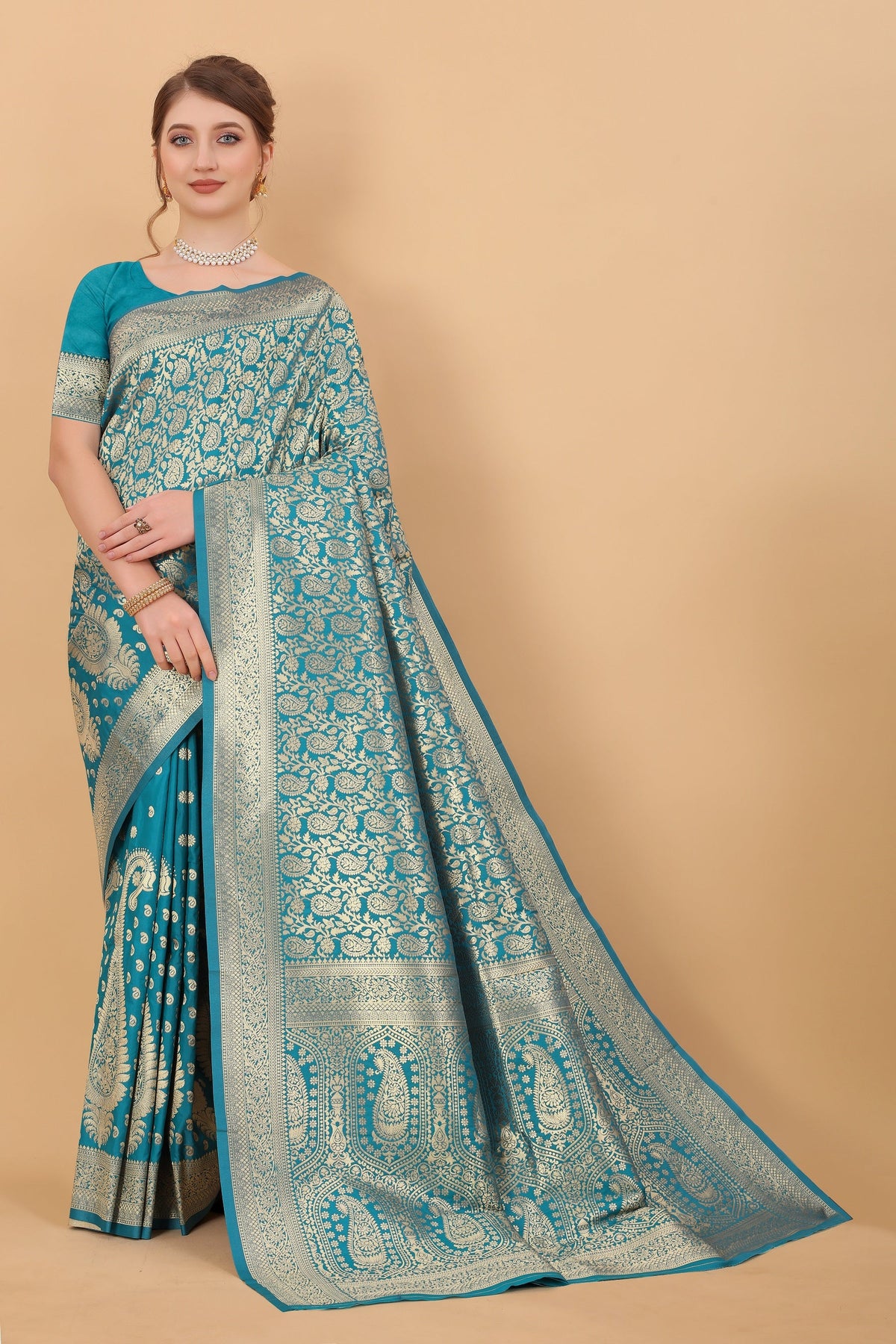 Vedant Vastram Soft Litchi Silk Kanjeevaram Saree - Turquoise | Grocsy