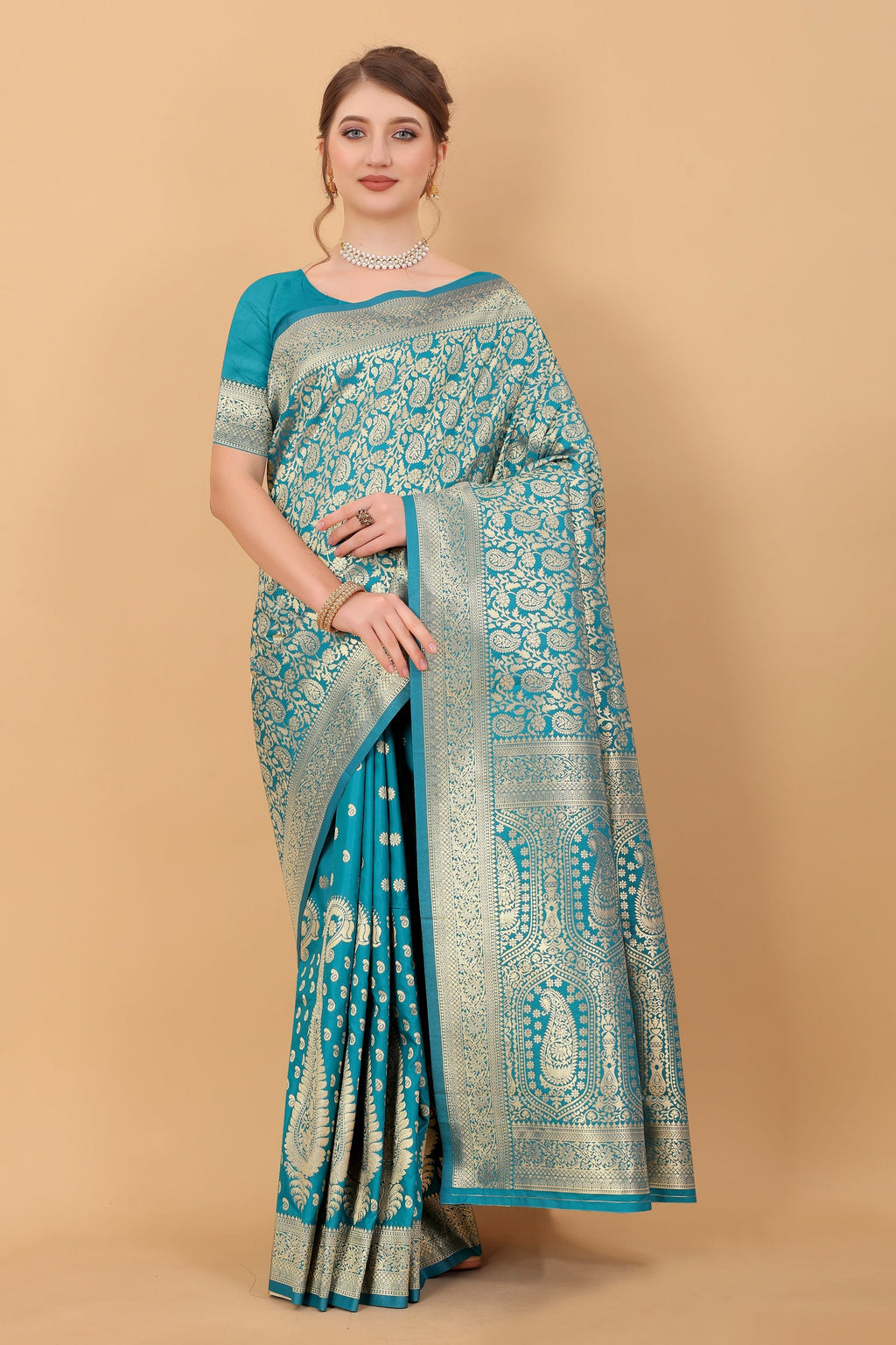 Vedant Vastram Soft Litchi Silk Kanjeevaram Saree - Turquoise | Grocsy